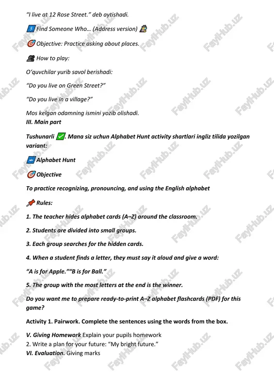 solidate new theme and new words of the theme. 15 min 5 marking. - to mark pupils. 5 min 6 homework. - giving homework. 5 min procedure of the lesson: i. organizing moment: - greeting. - checking register - to check homework ii. pre activity activity 1 role-play: greeting friends objective: practice using greetings in daily situations. how to play: divide students into pairs. give each pair a situation (in the morning, at school, in the evening, meeting a new friend). lesson 2.greetings.about myself the aim of the lesson: educational: -to improve pupils’ awareness of active and passive learning, effective learning behaviours developing: -to develop pupils’ listening and speaking skills, develop to report own ideas, communicative skills; develop writing skills; using kinking words socio-cultural: - to raise awareness of different cultures, teaching to respect them competence: sc2, sc6 and flcc learning outcomes: at the end of the lesson pupils will …