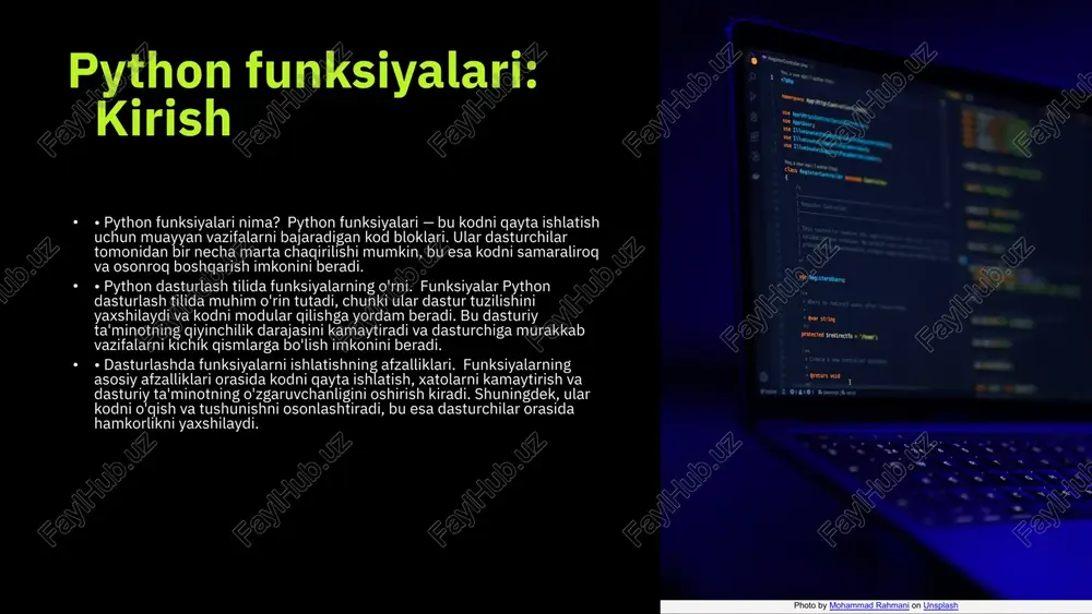 on unsplash photo by jefferson santos on unsplash funksiyalarning afzalliklari va kamchiliklari photo by alvaro reyes on unsplash photo by maik jonietz on unsplash photo by nejc soklič on unsplash photo by boitumelo on unsplash photo by luke peters on unsplash photo by boitumelo on unsplash photo by shamin haky on unsplash misollar va amaliyot kod misollari python dasturlash tilida funksiyalar ko'plab vazifalarni bajarish uchun ishlatiladi. masalan, oddiy qo'shish funksiyasini ko'rib chiqaylik: def add(x, y): return x + y. ushbu funksiya kiritilgan ikkita sonni qo'shib, natijani qaytaradi. funksiyalarni amaliyotda qo'llash misollari funksiyalarni amaliyotda qo'llash dasturlash jarayonini soddalashtiradi va kodni qayta ishlatishni ta'minlaydi. masalan, biror dasturda foydalanuvchilarni ro'yxatdan o'tkazish uchun kerakli funksiyalarni yaratish mumkin. bunday funksiyalar har safar bir xil vazifani bajarishda foydalidir va dasturga aniqlik kiritadi. qanday qilib funksiyalarni samarali ishlatish mumkin funksiyalarni to'g'ri va samarali ishlatish uchun ularni modulga ajratish va yaxshi hujjatlash muhimdir. bu kodni o'qish va tushunishni …