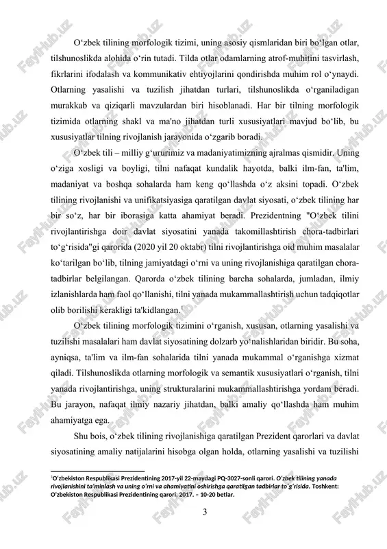 ga imkon beradi. otlarning yasalishi va tuzilish jihatidan turli turlarga bo‘linishi, nafaqat grammatik jihatdan, balki semantik jihatdan ham tilning boyligini ko‘rsatadi. o‘zbek tilida otlarning tuzilishi va yasalishi, til o‘rganishning asosiy elementlaridan bo‘lib, bu tushunchalar yordamida til o‘rganuvchilarining yirik grammatik bloklarni tushunishi va foydalanishi osonlashadi.[footnoteref:2] [2: o‘zbekiston respublikasi prezidentining 2021-yil 6-apreldagi pq-5147-sonli qarori. o‘zbekiston respublikasida yangi o‘zbek alifbosining joriy etilishi va uning asosida ta’lim, ilm-fan va madaniyat sohalarida amalga oshiriladigan tadbirlar. toshkent: o‘zbekiston respublikasi prezidentining qarori, 2021. – 55-70 betlar. ] ushbu kurs ishida otlarning yasalishi, tuzilish jihatidan turlari va ular bilan bog‘liq grammatik va semantik xususiyatlar o‘rganiladi. kurs ishi maqsadi – otlarning tilshunoslikdagi o‘rni, ularning yasalish jarayonlari va tuzilish jihatidan turlari haqida batafsil tahlil qilishdir. tadqiqotda o‘zbek tilidagi oddiy, murakkab va o‘zlashtirilgan otlar tahlil qilinib, ularning tilshunoslikdagi o‘rni aniqlanadi. kurs ishining dolzarbligi: o‘zbek tilining morfologik tizimida otlarning yasalishi va tuzilishi muhim o‘rin tutadi. tildagi otlar nafaqat so‘zlar yig‘indisi, balki tilning …