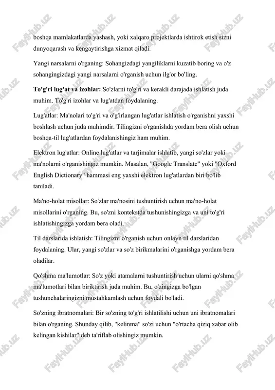 n lug'atlardan biri bo'lib taniladi. ma'no-holat misollar: so'zlar ma'nosini tushuntirish uchun ma'no-holat misollarini o'rganing. bu, so'zni kontekstda tushunishingizga va uni to'g'ri ishlatishingizga yordam bera oladi. til darslarida ishlatish: tilingizni o'rganish uchun onlayn til darslaridan foydalaning. ular, yangi so'zlar va so'z birikmalarini o'rganishga yordam bera oladilar. qo'shma ma'lumotlar: so'z yoki atamalarni tushuntirish uchun ularni qo'shma ma'lumotlari bilan biriktirish juda muhim. bu, o'zingizga bo'lgan tushunchalaringizni mustahkamlash uchun foydali bo'ladi. so'zning ibratnomalari: bir so'zning to'g'ri ishlatilishi uchun uni ibratnomalari bilan o'rganing. shunday qilib, "kelinma" so'zi uchun "o'rtacha qiziq xabar olib kelingan kishilar" deb ta'riflab olishingiz mumkin. qo'llanilgan til qoidalari: tilning grammatikasi, imlo qoidalari va boshqa normativlarga e'tibor bering. to'g'ri yozish va gapirishda bu qoidalar sizning gapirishingizni aniq va to'g'ri qilishda yordam bera oladi. qo'llanilgan til qoidalari: til qoidalari va normativlarga amal qilishni o'rganing. grammatika, imlo, va interpunksiya qoidalariga e'tibor bering. to'g'ri yozish qoidalari: imlo va ravish qoidalari: imlo qoidalari bilan tanishing va tekshirib …