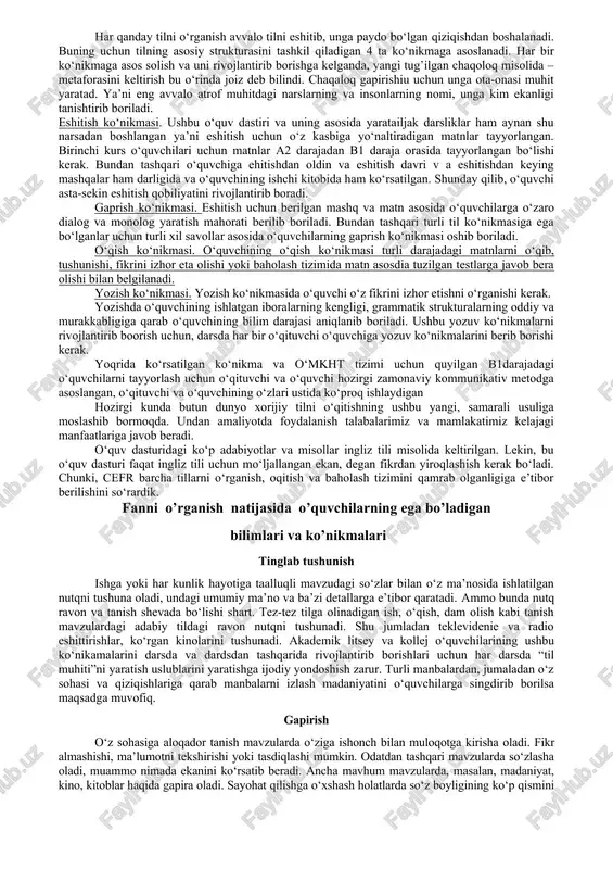 ib, tushunishi, fikrini izhor eta olishi yoki baholash tizimida matn asosdia tuzilgan testlarga javob bera olishi bilan belgilanadi. yozish ko‘nikmasi. yozish ko‘nikmasida o‘quvchi o‘z fikrini izhor etishni o‘rganishi kerak. yozishda o‘quvchining ishlatgan iboralarning kengligi, grammatik strukturalarning oddiy va murakkabligiga qarab o‘quvchining bilim darajasi aniqlanib boriladi. ushbu yozuv ko‘nikmalarni rivojlantirib boorish uchun, darsda har bir o‘qituvchi o‘quvchiga yozuv ko‘nikmalarini berib borishi kerak. yoqrida ko‘rsatilgan ko‘nikma va o‘mkht tizimi uchun quyilgan b1darajadagi o‘quvchilarni tayyorlash uchun o‘qituvchi va o‘quvchi hozirgi zamonaviy kommunikativ metodga asoslangan, o‘qituvchi va o‘quvchining o‘zlari ustida ko‘proq ishlaydigan hozirgi kunda butun dunyo xorijiy tilni o‘qitishning ushbu yangi, samarali usuliga moslashib bormoqda. undan amaliyotda foydalanish talabalarimiz va mamlakatimiz kelajagi manfaatlariga javob beradi. o‘quv dasturidagi ko‘p adabiyotlar va misollar ingliz tili misolida keltirilgan. lekin, bu o‘quv dasturi faqat ingliz tili uchun mo‘ljallangan ekan, degan fikrdan yiroqlashish kerak bo‘ladi. chunki, cefr barcha tillarni o‘rganish, oqitish va baholash tizimini qamrab olganligiga e’tibor berilishini so‘rardik. …