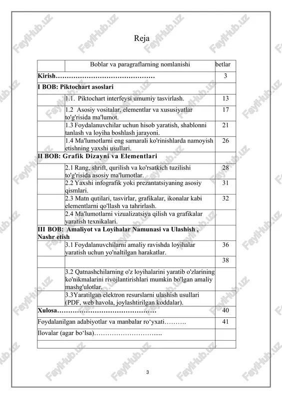 ntirish: foydalanuvchilarning kurs tugagach o'zlarining o'rganilgan bilimlarini baholash, kursni rivojlantirish va ilg'or fikrlarni qabul qilish. bu maqsadlar foydalanuvchilarga piktochart platformasida elektronik resurslarni o'rganish va yaratishda yordam berishni va ularning grafik tasvirlovchi dasturini amaliyotda ishlatishlari uchun kerakli bilimlarni o'rgatishni maqsad qilgan. piktochart, onlayn grafik tasarım vositalaridan biri bo'lib, foydalanuvchilarga infografiklar, prezantatsiyalar, hisobotlar, afishalar kabi ko'rsatkichli ma'lumotlar yaratish imkoniyatini beradi. bu platform orqali elektron resurslar yaratish uchun quyidagi imkoniyatlardan foydalanishingiz mumkin: piktochart xususiyatlari: · shablonlar va individualizatsiya: piktochart, keng shablon kolleksiyasini taklif qiladi. foydalanuvchilar bu shablonlardan birini tanlay oladi va unga o'zlarining talablari bo'yicha individualizatsiya qila oladi. bu individualizatsiya imkoniyatlari matn, rang, tasvirlar va joylashuvi kabi elementlarni o'z ichiga oladi. · ko'rsatma elementlari va grafikalar: platforma, foydalanuvchilar uchun tasvirlar, grafikalar, belgilar va xaritalar kabi murakkab ko'rsatma elementlari qo'shish imkoniyatini ta'minlaydi. bu, ma'lumotlarni vizual shaklda ko'rsatish yoki tarkibni boyitish uchun foydalanilishi mumkin. · matn va matn stilleri: piktochart, turli matn usullarini va matn …
