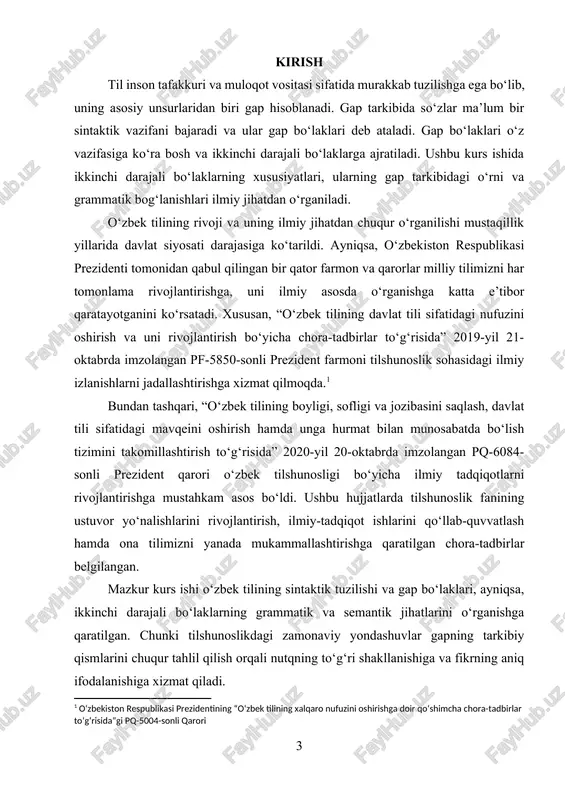 ali ikkinchi darajali bo‘laklarning sintaktik tuzilishdagi o‘rni va ahamiyatini aniqlash, ularning nutqdagi qo‘llanilishi bo‘yicha ilmiy asoslar ishlab chiqish maqsad qilib qo‘yilgan.[footnoteref:2] [2: o‘zbekiston respublikasi prezidentining “o‘zbek tilini 2030 yilgacha rivojlantirish va takomillashtirish bo‘yicha davlat dasturi to‘g‘risida”gi pq-5850-sonli qarori ] kurs ishining dolzarbligi: tilshunoslikda gapning sintaktik tuzilishini o‘rganish muhim masalalardan biri hisoblanadi. gap bo‘laklari, ayniqsa, ikkinchi darajali bo‘laklar fikrni aniqlashtirish, to‘ldirish va kengaytirish kabi vazifalarni bajaradi. ikkinchi darajali bo‘laklarning grammatik va semantik xususiyatlarini o‘rganish natijasida ularning gap tuzilishidagi roli va ahamiyatini chuqur anglash mumkin bo‘ladi. ushbu mavzuni tadqiq qilish lingvistika nazariyasiga hissa qo‘shish bilan birga, tilshunoslikdagi amaliy masalalarni hal etishda ham muhim ahamiyat kasb etadi. kurs ishining maqsadi: ushbu kurs ishining asosiy maqsadi – ikkinchi darajali bo‘laklarning sintaktik tizimdagi o‘rnini ilmiy asosda o‘rganish, ularning grammatik, semantik va funksional jihatlarini aniqlashdir. shuningdek, adabiy va ilmiy matnlar misolida ikkinchi darajali bo‘laklarning qo‘llanilishini tahlil qilish ham tadqiqotning asosiy maqsadlaridan biri hisoblanadi. kurs ishining obyekti: …
