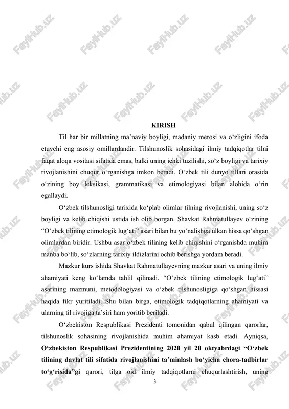 va madaniy jihatlarini o‘rganishni ilgari surishda muhim rol o‘ynadi. [1: o‘zbekiston respublikasi prezidentining “ o‘zbek tilining davlat tili sifatida rivojlanishini ta'minlash bo‘yicha chora-tadbirlar to‘g‘risida “ gi qarori. (2020). toshkent: o‘zbekiston respublikasi prezidentining qarori.] shavkat rahmatullayevning “o‘zbek tilining etimologik lug‘ati” asari aynan bunday yuksak ilmiy talablar asosida yaratilgan. ushbu asar, o‘zbek tilining etimologik aspektlarini batafsil o‘rganishga qaratilgan bo‘lib, tilshunoslik sohasida yangi metodologiyalarni, ilmiy yondashuvlarni rivojlantirishga hissa qo‘shadi. prezident qarorlariga asoslanib, rahmatullayev o‘zbek tilining kelib chiqishi va uning rivojlanishini har tomonlama tahlil qilib, xalq tilining tarixiy ildizlarini aniqlashga muvaffaq bo‘lgan. prezident qarorlari, o‘zbek tilining o‘ziga xosligini, uning boy merosini va xalq madaniyatini saqlash hamda rivojlantirishga qaratilgan bo‘lib, shavkat rahmatullayevning asari aynan shu yo‘nalishdagi ilmiy izlanishlarni davom ettiradi. asarda o‘zbek tilining etimologiyasini o‘rganishda yangi yondashuvlar va metodlarni kiritish orqali, tilning rivojlanish jarayonidagi muhim bosqichlarni yoritish hamda ilmiy tahlillarni takomillashtirish ko‘zda tutilgan. shavkat rahmatullayevning “o‘zbek tilining etimologik lug‘ati” asari, prezident qarorlarining amaliy va ilmiy …