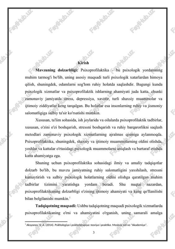 laktika ishlarini tashkil etish va amalga oshirishda ishtirok etadigan psixologik xizmatlar va ularning turli xil shakllari (maktab psixologi, korxonalardagi psixologlar, oilaviy psixologlar va h.k.). · psixoprofilaktika metodlari va usullari: psixoprofilaktik mashg'ulotlar, treninglar, o'quv seminarlar, stressni boshqarish va ruhiy barqarorlikni saqlash bo'yicha ishlatiladigan usullar. · psixoprofilaktikaning samaradorligi: psixoprofilaktik tadbirlarning samaradorligi, ularning amalga oshirilishi va psixologik holatga ta'siri. tadqiqot obyekti psixoprofilaktika jarayonining turli ijtimoiy sohalarda qo'llanilishini va uning jamiyatdagi umumiy psixologik salomatlikni yaxshilashdagi rolini o'rganadi. tadqiqot predmeti: ushbu tadqiqotning predmeti psixologik xizmatlarda psixoprofilaktik tadbirlar va usullarni amalga oshirish jarayonlari, shu jumladan, ularning samaradorligini oshirishga qaratilgan metodik yondashuvlar va amaliyotlardir. tadqiqotda psixoprofilaktikaning turli shakllarini qo'llash, uning psixologik xizmatlarda to'g'ri tashkil etilishi, shuningdek, ijtimoiy guruhlar va shaxslar o'rtasida ruhiy barqarorlikni saqlashga qanday ta'sir ko'rsatishi o'rganiladi. tadqiqot predmeti quyidagi yo'nalishlarga qaratilgan: · psixoprofilaktik metodlar va texnikalar: psixoprofilaktik ishlarda qo'llaniladigan usullar, masalan, stressni boshqarish, emotsional barqarorlikni saqlash, o'zini o'zi boshqarish va psixologik maslahatlar. · psixoprofilaktikaning samaradorligini …