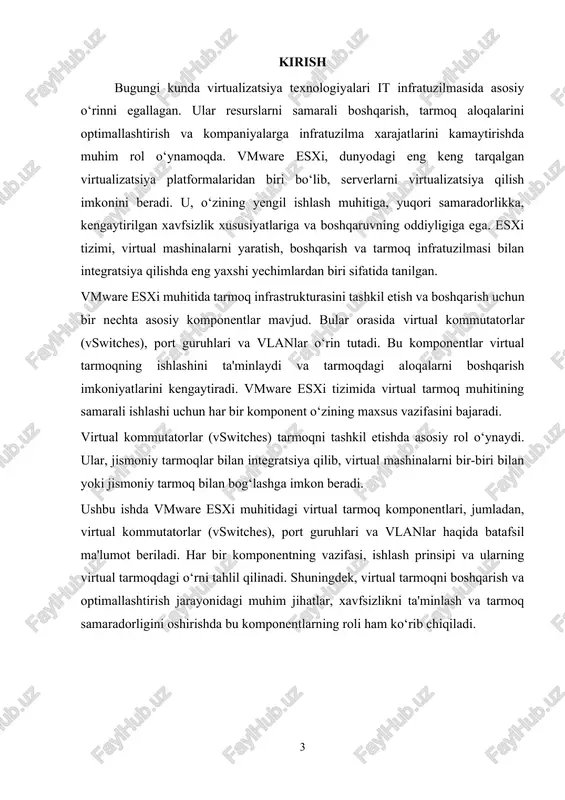 dim etadi. har bir port guruhi ma'lum bir tarmoqni yoki tarmoqni segmentatsiya qilish imkonini beradi. port guruhlari, virtual mashinalar uchun alohida tarmoq xususiyatlarini (ip manzillari, vlan id, xavfsizlik parametrlarini) belgilash imkonini beradi. · port guruhlari yordamida amalga oshiriladigan vazifalar: · virtual mashinalar uchun alohida tarmoq sozlamalarini taqdim etish. · vlanlar bilan segmentatsiya qilish. · virtual mashinalar o‘rtasida tarmoq xavfsizligini oshirish. · tarmoq trafigini samarali boshqarish. vlanlar (virtual local area networks) vlanlar, jismoniy tarmoqni virtual ravishda bo‘lish va izolyatsiya qilish imkoniyatini beradi. vmware esxi tizimida vlanlar tarmoqni segmentatsiya qilish, tarmoq trafigini boshqarish va xavfsizlikni ta'minlashda muhim rol o‘ynaydi. vlanlar yordamida bir nechta virtual tarmoqni yagona jismoniy tarmoqda izolyatsiya qilish mumkin. · vlanlar yordamida amalga oshiriladigan vazifalar: · tarmoqni segmentatsiya qilish va tarmoq trafigini boshqarish. · xavfsizlikni ta'minlash, chunki vlanlar yordamida ma'lum foydalanuvchilar yoki qurilmalarga kirishni cheklash mumkin. · tarmoqdagi trafigini tahlil qilish va optimallashtirish. vlan konfiguratsiyasining asosiy elementlari: · vlan id: …