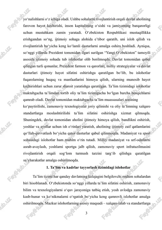 subsidiya va imtiyozlar berilishi · 3-7 yoshdagi bolalarni maktabgacha ta’lim bilan qamrab olish darajasining oshishi[footnoteref:1]  asosiy yutuqlar: [1: o‘zbekiston respublikasi konstitutsiyasi. – toshkent: o‘zbekiston, 2023. ] · 2017 yilda maktabgacha ta’lim bilan qamrab olingan bolalar soni 27% ni tashkil etgan bo‘lsa, hozirda bu ko‘rsatkich 70% dan oshgan. · davlat va xususiy bog‘chalar sonining ko‘payishi va yangi pedagogik metodikalarning joriy etilishi 1 1 1 rivojlangan davlatlar tajribasi asosida ta’lim standartlarining yangilanishi. umumiy o‘rta va oliy ta’lim tizimidagi yangiliklar: umumiy o‘rta ta’lim tizimi mamlakatda har tomonlama bilimli va ma’naviy barkamol avlodni tarbiyalashning asosiy bo‘g‘ini hisoblanadi. so‘nggi yillarda ta’lim sifati va mazmunini yaxshilashga qaratilgan quyidagi islohotlar amalga oshirildi: · umumiy o‘rta ta’limdagi yangiliklar: · 11 yillik ta’lim tizimining joriy etilishi · maktablarda steam (fan, texnologiya, muhandislik, san’at va matematika) ta’lim tizimining yo‘lga qo‘yilishi · zamonaviy o‘quv dasturlarini ishlab chiqish va yangi darsliklar yaratish · o‘qituvchilarning malakasini oshirish va ularning moddiy ta’minotini yaxshilash …