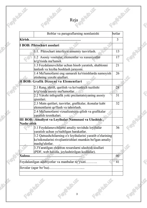 rish: foydalanuvchilarning kurs tugagach o'zlarining o'rganilgan bilimlarini baholash, kursni rivojlantirish va ilg'or fikrlarni qabul qilish. bu maqsadlar foydalanuvchilarga piktochart platformasida elektronik resurslarni o'rganish va yaratishda yordam berishni va ularning grafik tasvirlovchi dasturini amaliyotda ishlatishlari uchun kerakli bilimlarni o'rgatishni maqsad qilgan. piktochart, onlayn grafik tasarım vositalaridan biri bo'lib, foydalanuvchilarga infografiklar, prezantatsiyalar, hisobotlar, afishalar kabi ko'rsatkichli ma'lumotlar yaratish imkoniyatini beradi. bu platform orqali elektron resurslar yaratish uchun quyidagi imkoniyatlardan foydalanishingiz mumkin: piktochart xususiyatlari: · shablonlar va individualizatsiya: piktochart, keng shablon kolleksiyasini taklif qiladi. foydalanuvchilar bu shablonlardan birini tanlay oladi va unga o'zlarining talablari bo'yicha individualizatsiya qila oladi. bu individualizatsiya imkoniyatlari matn, rang, tasvirlar va joylashuvi kabi elementlarni o'z ichiga oladi. · ko'rsatma elementlari va grafikalar: platforma, foydalanuvchilar uchun tasvirlar, grafikalar, belgilar va xaritalar kabi murakkab ko'rsatma elementlari qo'shish imkoniyatini ta'minlaydi. bu, ma'lumotlarni vizual shaklda ko'rsatish yoki tarkibni boyitish uchun foydalanilishi mumkin. · matn va matn stilleri: piktochart, turli matn usullarini va matn …