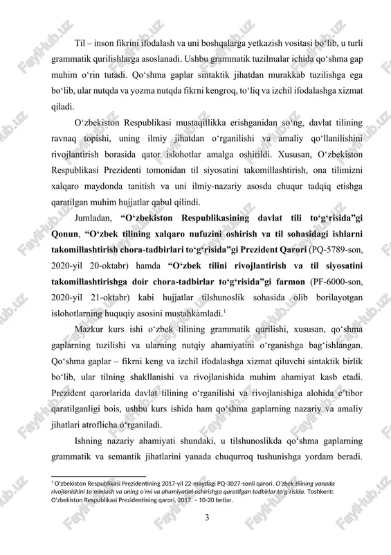 ‘rganish tilshunoslik uchun muhim ahamiyat kasb etadi. shu sababli, qo‘shma gaplarning tuzilishi, tasnifi va uslubiy xususiyatlarini tadqiq qilish ilmiy va amaliy jihatdan ahamiyatlidir. kurs ishining maqsadi: ushbu kurs ishining asosiy maqsadi – qo‘shma gaplarning tuzilishini, tasnifini va ularning nutqdagi o‘rnini o‘rganishdan iborat. bundan tashqari, qo‘shma gaplarning grammatik, semantik va uslubiy xususiyatlarini aniqlash ham ushbu tadqiqotning muhim vazifalaridan biri sanaladi. ish davomida quyidagi maqsadlar ko‘zda tutiladi: · qo‘shma gaplarning nazariy asoslarini o‘rganish; · ularning sintaktik tuzilishi va tasnifini aniqlash; · qo‘shma gaplarning nutqda qo‘llanilish xususiyatlarini tahlil qilish; · badiiy, ilmiy va publitsistik matnlardagi qo‘shma gaplarning o‘rnini o‘rganish. ushbu maqsadlarga erishish orqali qo‘shma gaplarning nazariy va amaliy ahamiyatini yoritish hamda ularning o‘quv jarayonida o‘rganilishiga ilmiy asos yaratish rejalashtirilgan. kurs ishining obyekti: ushbu kurs ishining obyekti – o‘zbek tilidagi qo‘shma gaplar va ularning tuzilishiga oid grammatik qonuniyatlar hisoblanadi. tadqiqot doirasida qo‘shma gaplarning sintaktik xususiyatlari, turli matnlardagi qo‘llanilishi va ularning nutqiy funksiyalari o‘rganiladi. kurs …