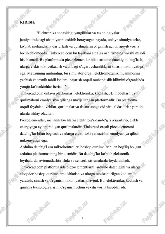 lmalar va hokazo. piezoelementlar esa ko'p xil shakllarda va o'lchovlarda bo'ladi, ularning xususiyatlari va ishlash prinsiplari esa ularga moslashtirilgan tizimlar va maqsadlar bo'yicha o'zgaradi. 2. arduino datchigi qanday ishlaydi arduino datchigi, elektr energiyani o'qitish, o'qish va joriy solishtirish uchun mo'ljallangan eng mashhur mikrokontrollerlardan biridir. bu datchiglar, o'zlarining mikrokontrolleri va kengaytirilgan sensor va qurilmalar bilan integratsiya qilingan. ularning asosiy maqsadi, har xil elektronik loyihalarni yaratish, ularda ishlash va ularga boshqarish imkonini berishdir. arduino datchig'lari, odatda prototiplash va boshqa qurilmalarni boshqarish uchun ochiq kodli muhiti taqdim etadi. bu, foydalanuvchilar uchun ishni osonlashtiradi va boshlang'ich darajada elektronika va dasturlashni o'rganishga imkoniyat beradi. ular ko'pgina usb interfeys orqali kompyuter bilan bog'langan holda ishlaydilar. foydalanuvchi arduino dasturlash muhiti (ide) orqali kod yozadi va uni datchig'a yuklaydi. bu kodlar, datchig'ning ishlashini va boshqa qurilmalar bilan bog'langan funksiyalarini belgilaydi. arduino datchig'lari keng doirada sohalarda foydalaniladi: avtomatlashtirish, robototexnika, sensorli tizimlar, internet of things (iot) va ko'plab boshqa sohalarda …