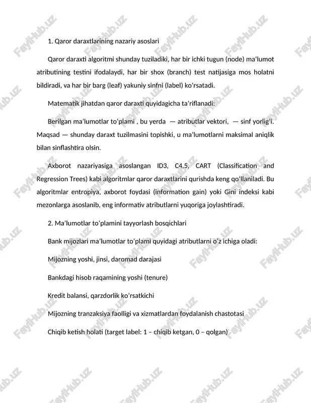 raqamining yoshi (tenure) kredit balansi, qarzdorlik ko‘rsatkichi mijozning tranzaksiya faolligi va xizmatlardan foydalanish chastotasi chiqib ketish holati (target label: 1 – chiqib ketgan, 0 – qolgan) ma’lumotlarni tahlil qilishdan oldin ma’lumotlarni tozalash, kategorik o‘zgaruvchilarni kodlash (one-hot encoding), normalizatsiya va balanslashtirish (smote) usullari qo‘llaniladi. 3. qaror daraxtlari asosida churn bashorati modeli tajriba natijalariga ko‘ra, qaror daraxtlari quyidagi afzalliklarga ega: interpretatsiya osonligi: har bir qaror qadamini izohlash mumkin. nolinchi darajadagi oldindan taxminlar: ma’lumotlarning taqsimoti yoki parametr shakli haqidagi taxmin talab qilinmaydi. atributlarning nolinchi masshtabga sezgirligi: kategorik va raqamli atributlar bilan bir vaqtning o‘zida ishlash imkoniyati mavjud. 4. modelni o‘qitish va baholash model train-test split (80/20) asosida o‘qitildi va quyidagi metrikalar yordamida baholandi: aniqlik (accuracy) f1-score auc-roc (receiver operating characteristic) recall va precision tajriba natijalari shuni ko‘rsatadiki, cart algoritmi asosida qurilgan model 86–90% aniqlikka erishdi. eng muhim atributlar sifatida kredit balansi, xizmatlardan foydalanish chastotasi va mijozning yoshi aniqlandi. 5. qaror daraxtlarining cheklovlari garchi …