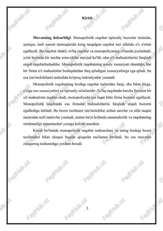 n. 5. ba'zi darajada narx va sifat nazorati: har bir firma o'z mahsulotini boshqalardan farq qilishga harakat qilganda, o'z narxi va sifatini nazorat qilish imkoniyatiga ega bo'ladi. monopolistik raqobat sharoitida narxlar va sifat bo'yicha tanlovlar kengayadi, ammo bu ham bozorning samaradorligini kamaytirishi mumkin. firmalar o'z mahsulotlarini taklif qilishda sifat va narxni muvozanatda saqlashga intiladi. 6. tugallanmagan raqobat: monopolistik raqobat bozorida ham, ba'zan firmalar o'rtasida raqobat unchalik kuchli bo'lmaydi. mahsulot farqlanishi tufayli, har bir firma o'z brendiga va mahsulotiga ustunlik qilishga harakat qiladi, lekin bozorning umumiy samaradorligi to'liq raqobatdagi kabi yuqori bo'lmasligi mumkin. bu xususiyatlar monopolistik raqobatning bozor strukturasida qanday ishlashini va uning iste'molchilarga ta'sirini belgilaydi. 2. monopolistik raqobatning iqtisodiy ta'sirlari monopolistik raqobatning iqtisodiy ta'sirlari bozorda samaradorlik, narxlar, sifat, innovatsiyalar va iste'molchilarning farovonligiga turlicha ta'sir ko'rsatadi. quyida monopolistik raqobatning asosiy iqtisodiy ta'sirlari ko'rib chiqiladi: 1. bozor samaradorligi · monopolistik raqobatning bozor samaradorligiga ta'siri ba'zan ijobiy, ba'zan esa salbiy bo'ladi. to'liq raqobatga …