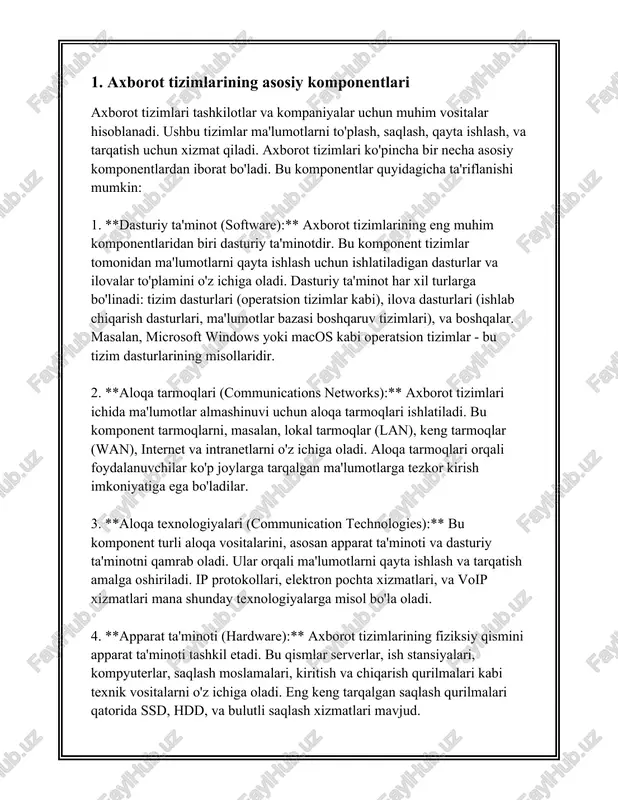 sturiy ta'minot va amaliy dasturiy ta'minot. 1. **tizimli dasturiy ta'minot** kompyuter resurslarini boshqarish va ular o‘rtasidagi aloqa uchun javob beradi. bunga operatsion tizimlar (masalan, microsoft windows, macos, linux), drayverlar, xizmat dasturlari kiradi. 2. **amaliy dasturiy ta'minot** esa foydalanuvchilarga muayyan masalalarni yechishda yordam beradi. masalan, microsoft office dasturlari (word, excel, powerpoint), grafik dasturlar (adobe photoshop), veb brauzerlar (google chrome, mozilla firefox) va boshqalar. dasturiy ta'minotning ahamiyati turli sohalarda juda katta: - **iqtisodiy ta’siri**: dasturiy ta’minot sanoati jahon bozorida muhim rol o'ynaydi. 2021 yilda global dasturiy ta'minot bozori hajmi 500 milliard dollardan oshdi. bu sanoat xizmat ko'rsatish, ishlab chiqarish, moliya, ta'lim, sog'liqni saqlash va turizm kabi ko'plab sohalarda ish o‘rinlari yaratadi. - **ma'lumotlarni boshqarish va tahlil qilish**: dasturiy ta'minot yordamida katta hajmdagi ma'lumotni boshqarish va tahlil qilish imkoniyati tug‘ildi. katta ma'lumotlar (big data) va sun'iy intellekt texnologiyalari korxonalarga va davlat idoralariga strategik qarorlarni qabul qilishda yordam beradi. - **innovatsiyalar**: dasturiy ta’minot texnologiya …