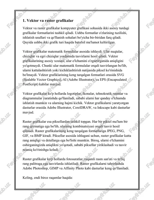 biror shaklni yoki ob'ektni ma'lum masofaga biror yo'nalishda ko'chirish demakdir. ko'chirishda obyektning shakli va o'lchamlari o'zgarmaydi, faqat uning koordinatlari o'zgaradi. ko’chirishni ifodalash uchun $t(x, y) = (x + a, y + b)$ kabi formuladan foydalaniladi, bu yerda $(a, b)$ — ko’chirish masofalari. 2. **rotatsiya (aylantirish):** aylantirish biror nuqtani atrofida obyektni muayyan burchakka aylantirishdir. bu nuqta ko'pincha aylantirish markazi bo'lib, odatda koordinat sistemasining boshlang'ich nuqtasi bo'ladi, ya’ni $(0, 0)$. obyektning o'lchami saqlanib qoladi, lekin uning koordinatalari o'zgaradi. aylantirishni matritsa orqali amalga oshirish mumkin: \[ r(\theta) = \begin{bmatrix} \cos(\theta) & -\sin(\theta) \\ \sin(\theta) & \cos(\theta) \end{bmatrix} \] bu yerda $\theta$ aylantirish burchagi. 3. **masshtablash (o'lchamni o'zgartirish):** bu transformatsiya obyektning o'lchamlarini biror koeffitsientga ko'paytirish yoki bo'lib beradi. bu ishlatilganda shaklning o'lchamlari koeffitsientlar (masalan, x o'qi bo'yicha $s_x$ va y o’qi bo'yicha $s_y$) yordamida o'zgaradi. masshtablashni ifodalash uchun quyidagi matritsadan foydalaniladi: \[ s(s_x, s_y) = \begin{bmatrix} s_x & 0 \\ 0 & s_y \end{bmatrix} …