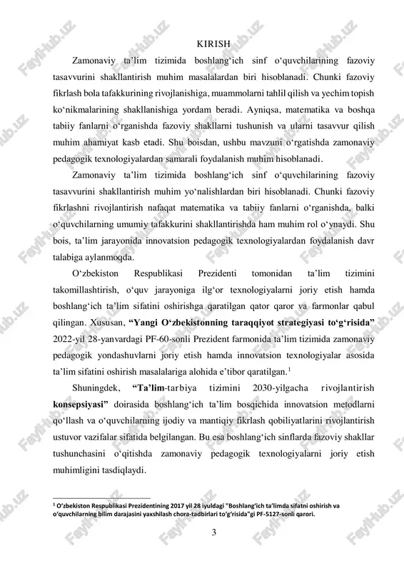 o‘quvchilarning faolligini oshirish va ularni mustaqil fikrlashga o‘rgatishda keng qo‘llanilmoqda. interfaol usullar, axborot-kommunikatsion texnologiyalar (akt), didaktik va ijodiy o‘yinlar fazoviy shakllarni o‘rgatish jarayonini qiziqarli va samarali qilish imkonini beradi. bu texnologiyalar nafaqat nazariy bilimlarni o‘zlashtirishni, balki ularni amaliy qo‘llashni ham osonlashtiradi. ushbu kurs ishining maqsadi – boshlangʻich sinf oʻquvchilariga fazoviy shakllar tushunchasini o‘rgatishda pedagogik texnologiyalarning samaradorligini o‘rganish va uni amaliyotda qo‘llash bo‘yicha tavsiyalar ishlab chiqishdan iborat.2 kurs ishining dolzarbligi: boshlangʻich sinf oʻquvchilari uchun fazoviy shakllar tushunchasini oʻrganish nafaqat matematika fanini chuqurroq tushunish, balki mantiqiy va ijodiy fikrlashni rivojlantirishda ham muhim rol oʻynaydi. fazoviy shakllarni idrok etish va tasavvur qilish kelajakda muhandislik, arxitektura, dizayn va boshqa sohalarda muvaffaqiyat qozonish uchun zarur koʻnikmalarni shakllantiradi. shu bois, zamonaviy pedagogik texnologiyalarni oʻquv jarayoniga joriy etish orqali ushbu tushunchalarni samarali oʻrgatish dolzarb masala hisoblanadi. bugungi kunda taʼlim jarayonini innovatsion usullar bilan boyitish, oʻquvchilarning qiziqishini oshirish va ularni faol ishtirok etishga undash muhim vazifalardan biri hisoblanadi. …