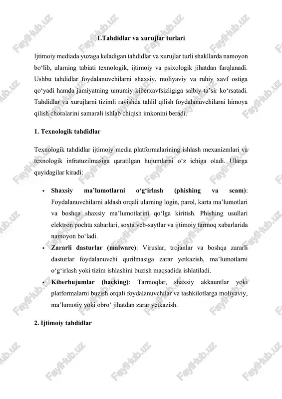 di. ular quyidagilarni o‘z ichiga oladi: · stress va depressiya: zo‘ravonlik, yolg‘on axborot yoki doimiy raqobat foydalanuvchilarni ruhiy zo‘riqishga soladi. · ijtimoiy izolyatsiya: onlayn muloqotda yuzaga keladigan xavf-xatarlar odamlarni ijtimoiy faollikdan cheklashga majbur qilishi mumkin. · shaxsiy xavfsizlikka tahdidlar: ma’lumotlarning suiiste’mol qilinishi va shaxsiy ma’lumotlarning oshkor bo‘lishi xavotir va ishonchsizlikni kuchaytiradi. tahdidlar va xurujlarning ushbu turlari bir-biriga bog‘liq bo‘lib, ularni kompleks ravishda o‘rganish foydalanuvchilarni himoya qilish strategiyalarini ishlab chiqishda muhim ahamiyatga ega. shu sababli, texnologik, ijtimoiy va psixologik tahdidlarni oldini olish choralarini belgilash zamonaviy kiberxavfsizlik va ijtimoiy psixologiya sohalarida dolzarb ilmiy vazifa hisoblanadi. 2.xavf-xatarlar va ularning oqibatlari ijtimoiy mediada yuzaga keladigan tahdidlar va xurujlar shaxsiy va jamiyat xavfsizligiga sezilarli darajada ta’sir ko‘rsatadi. ushbu tahdidlar nafaqat texnologik muammolarni keltirib chiqaradi, balki foydalanuvchilarning psixologik holati, ijtimoiy munosabatlari va moliyaviy barqarorligiga ham salbiy ta’sir ko‘rsatadi. xavf-xatarlarning oqibatlarini tizimli ravishda tahlil qilish, ularning oldini olish va foydalanuvchilarni himoya qilish strategiyalarini ishlab chiqish uchun muhim …