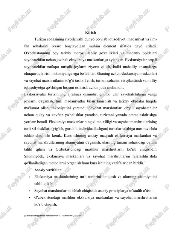 sadi belgilab olingan, kurs ishining keyingi qismlarida esa bu masalalar batafsil yoritiladi. kurs ishining dolzarbligi: ekskursiya maskanlari va sayohat marshrutlarining dolzarbligi zamonaviy turizm sohasida ulkan o'sish va yangiliklar bilan bog'liq. dunyo bo'ylab turizm sanoati har yili katta miqdorda daromad keltirayotgan soha sifatida rivojlanmoqda, shu bilan birga, sayohatchilarning talab va qiziqishlari doimiy ravishda o'zgarib bormoqda. o'zbekistonning boy madaniy, tarixiy va tabiiy merosi esa mamlakatning turizm salohiyatini yanada oshirmoqda. aynan shu kontekstdan kelib chiqqan holda, ekskursiya maskanlari va sayohat marshrutlarining dolzarbligi yanada kuchaymoqda. o'zbekiston turizmining rivojlanishiga qo'shilgan yangi marshrutlar va ekskursiyalar nafaqat sayohatchilarning talabiga javob beradi, balki mamlakat iqtisodiyotini diversifikatsiya qilish va mahalliy aholi uchun yangi ish o'rinlarini yaratish imkonini ham beradi. shuningdek, turizmning ekologik jihatlari va madaniyatlararo aloqalarni rivojlantirishga hissa qo'shishi, bunday marshrutlarning dolzarbligini yanada oshiradi. ekskursiya maskanlarini to'g'ri tanlash va sayohat marshrutlarini rejalashtirish jarayonida ekologik, madaniy, iqtisodiy omillarni hisobga olish zarurati mavjud. bu esa, o'z navbatida, mamlakatning global turizm bozoridagi …