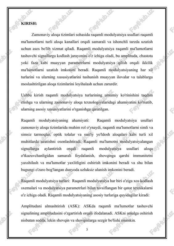 juda muhimdir. xulosa qilib aytganda, raqamli modulyatsiya usullari zamonaviy aloqa tizimlarining asosini tashkil etadi, bu raqamli ma'lumotlarni samaradorlik, ishonchlilik va moslashuvchanlik bilan uzatish imkonini beradi. raqamli modulyatsiyaning turli turlarini va ularning xususiyatlarini o'rganib, aloqa mutaxassislari raqamli aloqaning nozik tomonlari haqida tushunchaga ega bo'lishlari va bugungi o'zaro bog'liq dunyoning rivojlanayotgan talablarini qondirish uchun innovatsion echimlarni ishlab chiqishlari mumkin. 1. raqamli modulyatsiyaning ta'rifi va uning zamonaviy aloqa tizimlaridagi ahamiyati. raqamli modulyatsiya ta'rifi va uning zamonaviy aloqa tizimlaridagi ahamiyati: raqamli modulyatsiya raqamli ma'lumotlarni aloqa kanallari orqali uzatish uchun tashuvchi signallarga kodlash jarayonini anglatadi. u uzatiladigan raqamli ma'lumotlarga ko'ra tashuvchi signalning amplitudasi, chastotasi yoki fazasi kabi o'ziga xos parametrlarini o'z ichiga oladi. tashuvchi signalini modulyatsiya qilish orqali raqamli modulyatsiya raqamli ma'lumotlarni turli aloqa vositalari, jumladan, simli va simsiz tarmoqlar, optik tolalar va sun'iy yo'ldosh aloqalari orqali samarali va ishonchli uzatish imkonini beradi. zamonaviy aloqa tizimlarida raqamli modulyatsiyaning ahamiyatini oshirib bo'lmaydi. uning ahamiyatini ta'kidlaydigan bir …