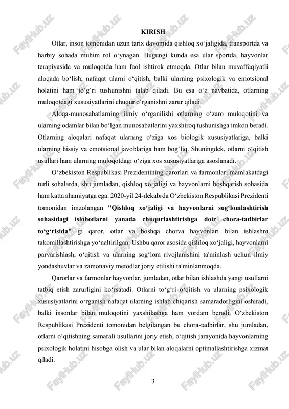 ot nafaqat ilmiy, balki amaliy jihatdan ham otlar bilan ishlovchi mutaxassislar uchun foydali bo‘lishi mumkin. kurs ishining dolzarbligi: otlarning aloqa-munosabatlarini o‘rganish va ularni o‘qitish usullarini rivojlantirish bugungi kunda hayvonlarni o‘qitish sohasida muhim ilmiy va amaliy ahamiyatga ega. otlar insonlar bilan ko‘plab sohalarda, jumladan, sport, qishloq xo‘jaligi va terapiya kabi sohalarda faol ishlatilmoqda. bunday faoliyatlar samarali va xavfsiz bo‘lishi uchun, otlarning aloqa-munosabatlarining psixologik asoslarini to‘g‘ri tushunish va o‘qitish usullarini ilg‘or usullar bilan boyitish zarur. shuningdek, otlarning muloqotiga ta'sir qiluvchi omillarni o‘rganish, otlarni yaxshiroq boshqarish va ularga ijobiy munosabatlarni shakllantirishda yordam beradi. ushbu tadqiqot otlarning o‘qitish metodlari va ularning psixologik xususiyatlarini chuqur o‘rganish uchun muhimdir, chunki bu sohada hali to‘liq o‘rganilmagan masalalar mavjud. kurs ishining maqsadi: ushbu kurs ishining asosiy maqsadi otlarning aloqa-munosabat kategoriyalarini o‘rganish va ularni o‘qitishda foydalaniladigan samarali usullarni tahlil qilishdir. tadqiqotda otlarning aloqalarini tushunish, ularning muloqotdagi hissiy va psixologik jihatlarini aniqlash va bu jihatlarni o‘qitish jarayoniga qanday qo‘llash mumkinligini …