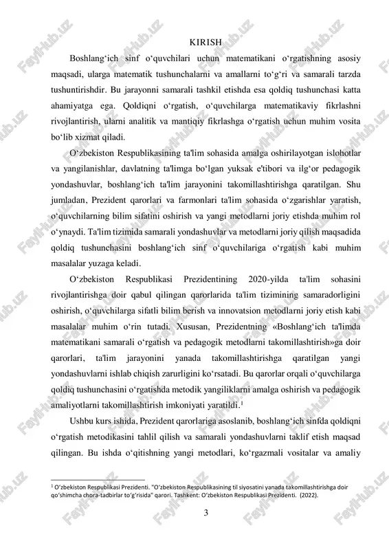 tematikani o‘rgatish jarayoni bolalar uchun muhim va qiyin bosqichdir. ushbu jarayonda qoldiq tushunchasining o‘rni juda katta. qoldiqni o‘rgatish, o‘quvchilarga matematikaviy fikrlashni rivojlantirish, amallarni bajarishda izchillikni ta’minlash va analitik tafakkurni shakllantirishga yordam beradi. shuningdek, boshlang‘ich sinfda qoldiqni tushuntirish usullari pedagogik jihatdan samarali bo‘lishi kerak, chunki bu bolalarning matematik bilimlarini mustahkamlashga xizmat qiladi. shu sababli, kurs ishi mavzusi aynan shu sohada metodikani takomillashtirishga qaratilgan bo‘lib, bu mavzu o‘qituvchilar uchun dolzarb ahamiyatga ega. kurs ishining maqsadi: kurs ishining asosiy maqsadi boshlang‘ich sinf o‘quvchilarini qoldiq tushunchasi bilan tanishtirishda samarali pedagogik metodlarni aniqlash va ularga asoslangan metodik yondashuvlarni ishlab chiqishdan iboratdir. bu ishda qoldiqni o‘rgatish jarayonida qo‘llaniladigan metodlar, vositalar va mashqlarni tahlil qilib, ularning samaradorligini o‘rganish va o‘quvchilarga qoldiqni tushuntirishni osonlashtirish uchun yangi yondashuvlarni taklif qilish maqsad 2 o‘zbekiston respublikasi prezidenti . "o‘zbekiston respublikasida davlat tili sifatida o‘zbek tilini rivojlantirishga doir yangi strategiyalarni ishlab chiqish bo‘yicha qaror". tashkent: o‘zbekiston respublikasi prezidenti. (2021). 5 qilinadi. shuningdek, …