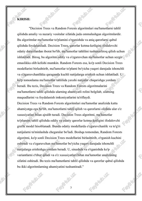 rafik struktura bo'lib, ma'lumotlarni klassifikatsiya va regressiya uchun ishlatiladi. ma’lumotlar to’plami uchun har bir xususiyat bo’yicha "so'rovlarni" qo'ydigan va natijada biror qarorni aniqlaydigan daraxt shaklidagi model hisoblanadi. har bir qadamda, daraxtda bir xususiyat (masalan, kredit oluvchi yosh, maosh darajasi) bo'yicha ma'lumotlar kesiladi va eng yaxshi natija olish uchun yuqori darajada “split” qilinadi. ular jamlanib, qo'shimcha qarorlarni qabul qilishda yordam beradi. bu algoritm ma'lumotlar tahlili, nazorat, meditsina, marketing va boshqa sohalar uchun samarali bo'lishi mumkin. 2. random forests algoritmi nima uchun ishlatiladi random forests algoritmi, ma'lumotlarni tahlil qilishda ko'p sonli decision trees modellarining birlashtirilgan jamlanmasidir. bu algoritm, ensemble learning (jamlanma o'rganish) usuli orqali amalga oshiriladi va ko'p sonli decision trees modellarini yaratib, ularning o'zaro ovoz birligini hisobga oladi. random forests, har bir decision tree modelini turli qismlarga bo'lib, har bir qismini turli ma'lumotlar to'plami va boshqa belgilangan xususiyatlari (feature) ishlatib tuzadi. keyin, barcha modellar o'zlarining natijalarini birlashtirib, eng ko'p ovozlanadigan (eng …