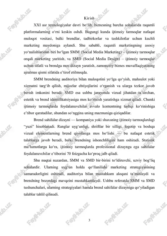 lashtirish imkonini beradigan platformadir. smd (social media design) esa ijtimoiy tarmoqlarda professional va brendga mos vizual dizayn yaratish yo‘nalishi hisoblanadi. u logotip, ranglar palitrasi, shriftlar, grafika, infografika, shuningdek, post va story dizaynlari kabi barcha vizual elementlarni qamrab oladi. smd nafaqat chiroyli ko‘rinish yaratish, balki brend identifikatsiyasini mustahkamlash, auditoriyada bir xil estetik taassurot uyg‘otish va ijtimoiy tarmoqlarda brendning yagona uslubini shakllantirishga xizmat qiladi. smm va smd bir-biridan ajralmas bo‘lib, ularning uyg‘unligi marketing jarayonida quyidagi ustunliklarni ta’minlaydi: brend imidjini shakllantirish va mustahkamlash — professional dizayn va mazmunli marketing strategiyasi brendga nisbatan ijobiy munosabat uyg‘otadi. 5 auditoriyani kengaytirish va jalb qilish — jozibador vizual ko‘rinish va qiziqarli kontent foydalanuvchilarni sahifada uzoqroq ushlab qoladi. raqobatda ustunlikka erishish — bozorda o‘xshash mahsulot yoki xizmatlar ko‘p bo‘lgan sharoitda smm va smd uyg‘unligi brendni boshqalardan ajratib turadi. sotuv va foydani oshirish — sifatli marketing va dizayn iste’molchilarning xarid qilish qarorlariga bevosita ta’sir ko‘rsatadi. bugungi kunda smm va …
