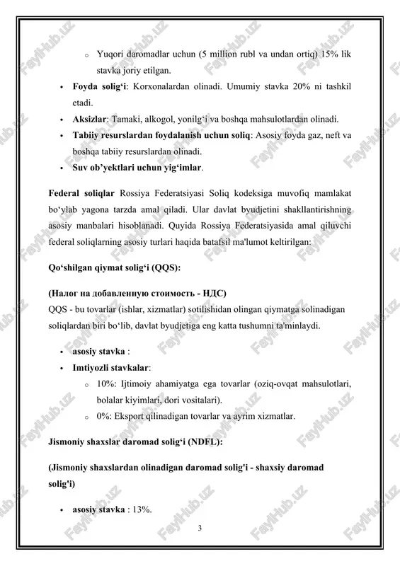 ka (%) federal soliqlar qqs (qo‘shilgan qiymat solig‘i) tovarlar, xizmatlar yoki ishlar qiymatining oshgan qismiga solinadi. tadbirkorlik subyektlari 0, 10, 20 daromad solig‘i (ndfl) jismoniy shaxslarning daromadlariga solinadi. jismoniy shaxslar 13–15 foyda solig‘i yuridik shaxslar foydasiga solinadi. yuridik shaxslar 20 aksiz solig‘i alkogol, tamaki, yoqilg‘i kabi mahsulotlarga solinadi. ishlab chiqaruvchilar yoki import qiluvchilar turli stavkalar mineral resurslardan foydalanish solig‘i foydali qazilmalarni qazib olishdan olinadi. foydali qazilma qazib oluvchi kompaniyalar turli stavkalar (qazib olinadigan resursga qarab) mulk solig‘i federal mulkka ega tashkilotlarga solinadi. federal tashkilotlar 2,2 gacha mintaqaviy soliqlar transport solig‘i transport vositalariga egalik qilish uchun solinadi. jismoniy va yuridik shaxslar t/r quvvatiga bog‘liq korxona mol-mulki solig‘i yuridik shaxslarning ko‘char va ko‘chmas mulklariga solinadi. yuridik shaxslar 2,2 gacha qimor o‘yinlari biznesi solig‘i qimor biznesiga solinadi. qimor biznesi bilan shug‘ullanuvchi kompaniyalar belgilangan stavkalar mahalliy soliqlar yerni soliq yerga egalik qilish yoki undan foydalanish uchun solinadi. jismoniy va yuridik shaxslar 0,3–1,5 jismoniy shaxslar …