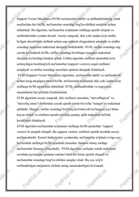ratish uchun "maximal margin"ni topish va sinflar orasidagi bo'shliqni (margin) maksimal darajada ko'tarishdir. bu, sinflar orasidagi eng yaxshi ko'rsatkichlarni (support vectors) aniqlab chiqish va ularga qarab sinflarni ajratish uchun eng yaxshi chegaralarni aniqlash bilan birga bajariladi. svm algoritmi modelni o'rganish jarayonida, sinflar orasidagi bo'shliqni maksimal qilib, sinflarni ajratib chiqishda eng yaxshi chegaralarni topishga intiladi. bu esa, sinflarni ajoyib sinflandirish va aniq natijalarni olishga imkoniyat yaratadi. 2. kernel funksiyalari svm da qanday ishlaydi va ularning ro'li nima kernel funksiyalari, svm (support vector machines) algoritmi ichidagi ma'lumotlar to'plamini o'zaro bog'lovchi xossalarni aniqlashda yordam beradi. bu funksiyalar, ma'lumotlar orasidagi o'zaro munosabatlarni aniqlashda uning linearni olmay turdagi ko'rinishlarini (non-linear relationships) topishga yordam beradi. svm aslida, boshlang'ich shaklida linearni bo'lgan bo'lish uchun mo'ljallangan edi, ammo ko'p holatlarda ma'lumotlar o'rtasidagi munosabatlarda linearni olmay turadigan holatlar uchun uning ishlashini o'zgartirish zarur bo'lishi mumkin. bu yerda kernel funksiyalari yordamida ma'lumotlarni o'zaro munosabatlarni aniqlash uchun ularni boshqa o'lchovlarga o'tkazish …