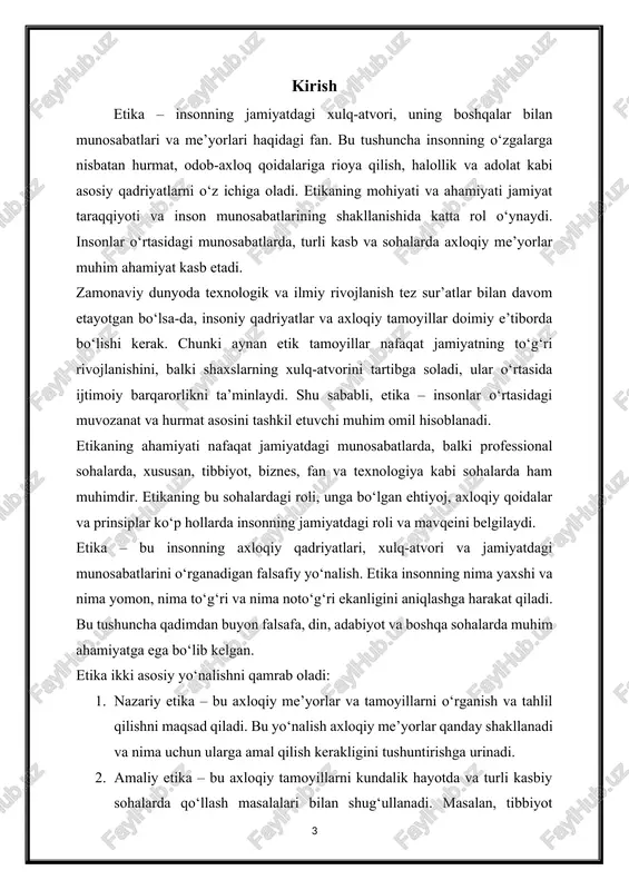 buriyatlarini axloqiy mezonlar asosida baholash orqali jamiyatda adolat va hurmatni ta’minlaydi. 2. ishonch va hamkorlikni shakllantirish: jamiyatda ishonchli va samarali munosabatlarni shakllantirish uchun axloqiy qoidalarga amal qilish zarur. halollik, hurmat, odillik kabi etik qadriyatlar insonlar o‘rtasida ishonchli munosabatlarni o‘rnatishga xizmat qiladi. bu, o‘z navbatida, ijtimoiy hamkorlik va o‘zaro yordamni rivojlantiradi. 3. axloqiy rivojlanish va ma'naviyatni oshirish: etik qoidalar odamlarning ichki dunyosini va ma'naviy dunyoqarashini boyitishga xizmat qiladi. insonlar jamiyatda o‘z o‘rnini topish uchun axloqiy tamoyillar asosida harakat qilishlari lozim. bu, o‘z navbatida, shaxsning ma'naviy rivojlanishiga va insoniy fazilatlarni rivojlantirishga yordam beradi. 4. adolat va ijtimoiy barqarorlikni ta'minlash: etika ijtimoiy adolatni saqlashga yordam beradi. har bir inson o‘z faoliyatini etik qoidalar asosida olib borishi orqali ijtimoiy adolatga xizmat qiladi. shu tariqa, insonlarning teng huquqligi va ijtimoiy tenglikka erishish yo‘lidagi harakatlar kuchayadi. 5. kasbiy etikada muhim o‘rin: har qanday kasb yoki faoliyatning o‘z etik qoidalari mavjud. masalan, tibbiyot, ta'lim, biznes va jurnalistika …