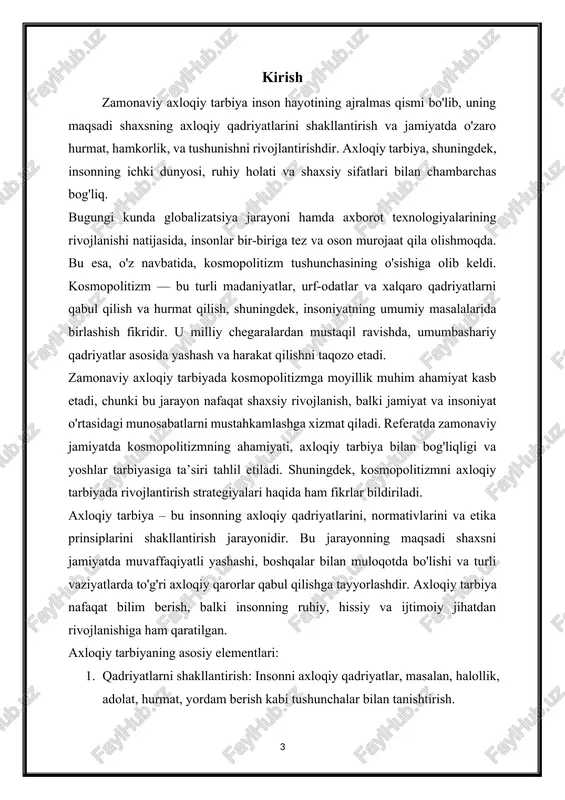 a sog'lom va to'laqonli shaxs sifatida yetishib chiqadi. umuman olganda, zamonaviy jamiyatda axloqiy tarbiya va uning ahamiyati shunchalik muhimki, bu jarayonlarni e'tibordan chetda qoldirish mumkin emas. har bir shaxsning axloqiy tarbiyasi uning jamiyatdagi roli va muvaffaqiyatiga bevosita ta'sir ko'rsatadi. kosmopolitizm — bu insonlarning global birlik va umumiy insoniyatga bo'lgan munosabatlarini ifodalovchi bir tamoyil. u har qanday millat, irq yoki madaniyatga bog'liq bo'lmasdan, insoniyatning umumiy qiyofasini va uning axloqiy qadriyatlarini qabul qilishni anglatadi. kosmopolitizm insonlarni bir-biriga yaqinlashtirish, ularni o'zaro hurmat va hamkorlik asosida birlashtirishga qaratilgan. kosmopolitizmning nazariy asosi: kosmopolitizm nazariyasi turli ijtimoiy, falsafiy, va madaniy oqimlar tomonidan shakllantirilgan. uning asosiy nazariy jihatlari quyidagilar: 1. falsafiy asos: kosmopolitizmning asosiy falsafiy manbalari yunon faylasuflari, ayniqsa, diogenes va sokratdan kelib chiqqan. ular insonni global fuqarolar sifatida ko'rganlar va har bir shaxsning qadriyatlari va huquqlari borligini ta'kidlaganlar. 2. etik asos: kosmopolitizmning etik asoslari shaxslararo munosabatlarda adolat va tenglik tamoyillarini o'z ichiga oladi. bu tamoyillar insoniyatning …