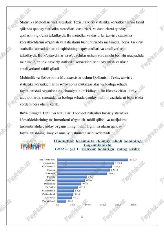 il va natijalar: tadqiqot natijalari tasviriy statistika kòrsatkichlarining ma'lumotlarni o'rganish, tahlil qilish, va natijalarni tushuntirishda qanday o'rganishning muhimligini va ularni qanday foydalanishning ilmiy va amaliy tushunchalarini ko'rsatadi. 4 xulosa: tasviriy statistika kòrsatkichlari o'rganish, tahlil va amaliy foydalanishning asosiy ko'rsatkichlari bo'lib, bu so'rovnoma ma'lumotlarini tasvir etish va tushuntirishda o'z vazifasini bajaradi. ushbu tadqiqotda bu kòrsatkichlar o'qitish va o'rganish sohasida o'ziga xos o'rniga ega, shuningdek, ulug'vorligi tushuntiradi. tasviriy statistika kòrsatkichlarini o'qitish va o'rganishda muhim qismlar statistika metodlari, dasturlari, va amaliy usullarini o'z ichiga oladi. bu kòrsatkichlar, ma'lumotlarni ma'no va tushunchaga o'tkazishda o'rinlarni olib chiqishda, ma'lumotlarni yaxshi tasvirlashda, va natijalarni tushuntirishda o'z vazifasini bajaradi. o'rganilgan tadqiqot natijalari tasviriy statistika kòrsatkichlarining o'rganish va amaliy foydalanishning muhimligini ta'kidlaydi. ushbu xulosa, bu kòrsatkichlarni o'qitish va tadqiqotlarda qanday foydalanishning o'ziga xos muhimligini tushuntiradi va ularni o'rganish va ulashning ilmiy va amaliy sohada ahamiyatini ajratadi. foydalanilgan adabiyotlar 1. https://azkurs.org/1-mavzu-statistika-faniga-kirish-v2.html?page=3 2. https://azkurs.org/toshkent-moliya-instituti-v8.html?page=10 3. http://www.kompy.info/bozor-iqtisodiyoti-bolajak- iqtisodchilardan-statistika-fani-va.html?page=9 4. https://cyberleninka.ru/article/n/statistik-ko-rsatkichlar-mohiyati- va-turlari https://azkurs.org/1-mavzu-statistika-faniga-kirish-v2.html?page=3 …