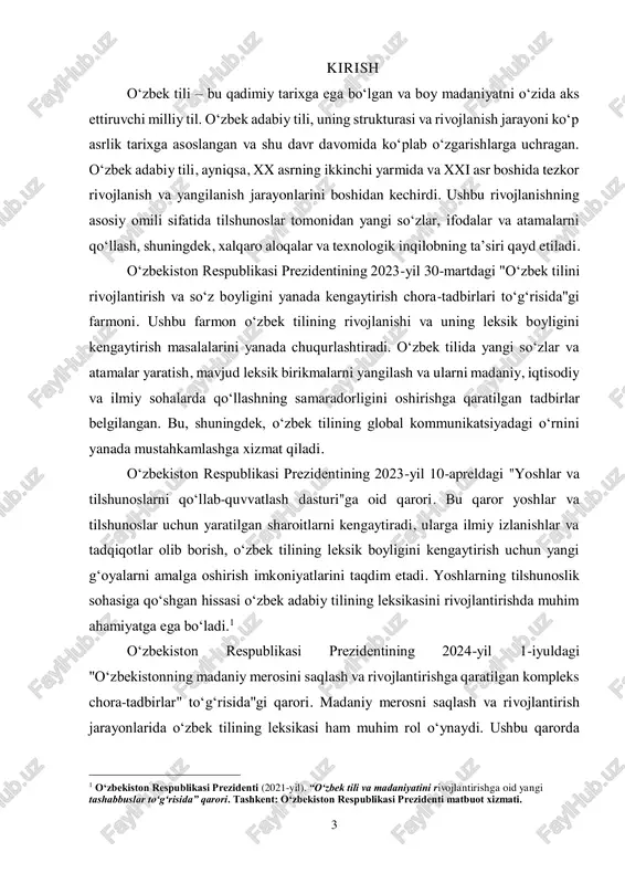 ni saqlash va rivojlantirish jarayonlarida o‘zbek tilining leksikasi ham muhim rol o‘ynaydi. ushbu qarorda 1 o‘zbekiston respublikasi prezidenti (2021-yil). “o‘zbek tili va madaniyatini rivojlantirishga oid yangi tashabbuslar to‘g‘risida” qarori. tashkent: o‘zbekiston respublikasi prezidenti matbuot xizmati. 4 o‘zbek tilining boy tarixiy, madaniy va adabiy merosini saqlash, uni yangi avlodga etkazish hamda tilni rivojlantirishga qaratilgan chora-tadbirlar muhim ahamiyatga ega. o‘zbek tilining leksik tizimi uning boshqa jihatlari bilan birga uning boyligini, xilma-xilligini va rivojlanish istiqbollarini aks ettiradi. leksikologiya, ya'ni so‘zshunoslik, bu tilning leksik birliklari, ya'ni so‘zlar, frazeologik birliklar va boshqa til materiallarini o‘rganadigan fan bo‘lib, tilshunoslikda muhim o‘rin tutadi. hozirgi o‘zbek adabiy tili leksikologiyasi ham o‘zining o‘ziga xos xususiyatlariga ega bo‘lib, o‘zgaruvchan va o‘sib borayotgan jamiyatning tilida yuzaga kelayotgan o‘zgarishlarni o‘rganadi.2 hozirgi o‘zbek adabiy tili leksikologiyasining asosiy muammolaridan biri – yangi so‘zlar va atamalar, jargonlar va boshqa leksik birliklarning paydo bo‘lishi, eskirgan yoki kamdan-kam ishlatiladigan so‘zlarning o‘rnini bosishi jarayonlarini tahlil qilishdir. tilning rivojlanishi …