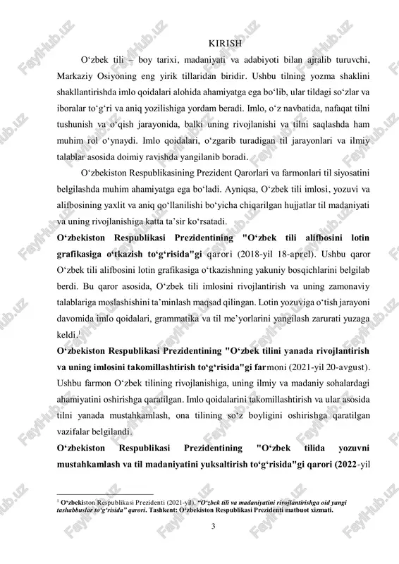 4 14-dekabr). bu qaror til madaniyatining yuqori darajada rivojlanishini ta’minlash, o‘zbek tilining yozma shaklini aniq va to‘g‘ri qo‘llashni rag‘batlantirishga qaratilgan. imlo xatolarini kamaytirish va tilning yozma shaklini standartlashtirish masalalari ko‘rib chiqilgan. prezident qarorlari va farmonlari o‘zbek tili imlosining rivojlanishi, uning zamonaviy o‘zgarishlari va kelajakdagi istiqbollarini belgilashda katta ahamiyatga ega. ushbu hujjatlar til siyosatining shakllanishi va o‘zbek tilining madaniyatini yanada yuksaltirishga yordam beradi. tilmadaniyatini takomillashtirish va uning qo‘llanilishi bo‘yicha huquqiy asoslarni yaratishda bu qarorlarning roli muhimdir.2 o‘zbek tili imlosining asosiy maqsadi – so‘zlarning to‘g‘ri va ravon yozilishini ta’minlashdir. shu bilan birga, imlo qoidalarining tushunilishi va ularni amalda qo‘llash, tilni bilishning muhim jihatlaridan biridir. o‘zbek tili imlosi, xususan, uning lotin yozuvi asosida yurgizilishi, bu jarayonda amalga oshirilgan islohotlar va o‘zgarishlar bugungi kunda jiddiy ahamiyat kasb etadi. ushbu kurs ishida o‘zbek tili imlosining asosiy qoidalari, uning tarixi, zamonaviy o‘zgarishlari va amaldagi qo‘llanilishi tahlil qilinadi. maqsad, imlo qoidalarining tilshunoslik va amaliyotdagi o‘rnini ochib berish …