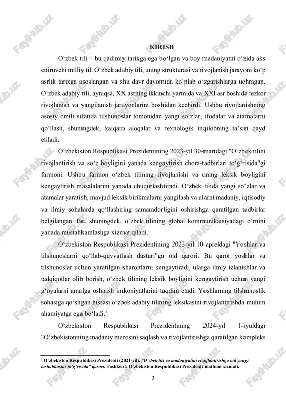 ning leksikasini rivojlantirishda muhim ahamiyatga ega bo‘ladi.[footnoteref:1] [1: o‘zbekiston respublikasi prezidenti (2021-yil). “o‘zbek tili va madaniyatini rivojlantirishga oid yangi tashabbuslar to‘g‘risida” qarori. tashkent: o‘zbekiston respublikasi prezidenti matbuot xizmati. ] o‘zbekiston respublikasi prezidentining 2024-yil 1-iyuldagi "o‘zbekistonning madaniy merosini saqlash va rivojlantirishga qaratilgan kompleks chora-tadbirlar" to‘g‘risida"gi qarori. madaniy merosni saqlash va rivojlantirish jarayonlarida o‘zbek tilining leksikasi ham muhim rol o‘ynaydi. ushbu qarorda o‘zbek tilining boy tarixiy, madaniy va adabiy merosini saqlash, uni yangi avlodga etkazish hamda tilni rivojlantirishga qaratilgan chora-tadbirlar muhim ahamiyatga ega. o‘zbek tilining leksik tizimi uning boshqa jihatlari bilan birga uning boyligini, xilma-xilligini va rivojlanish istiqbollarini aks ettiradi. leksikologiya, ya'ni so‘zshunoslik, bu tilning leksik birliklari, ya'ni so‘zlar, frazeologik birliklar va boshqa til materiallarini o‘rganadigan fan bo‘lib, tilshunoslikda muhim o‘rin tutadi. hozirgi o‘zbek adabiy tili leksikologiyasi ham o‘zining o‘ziga xos xususiyatlariga ega bo‘lib, o‘zgaruvchan va o‘sib borayotgan jamiyatning tilida yuzaga kelayotgan o‘zgarishlarni o‘rganadi.[footnoteref:2] [2: o‘zbekiston respublikasi prezidenti (2022-yil). “o‘zbek tilini o‘qitish …