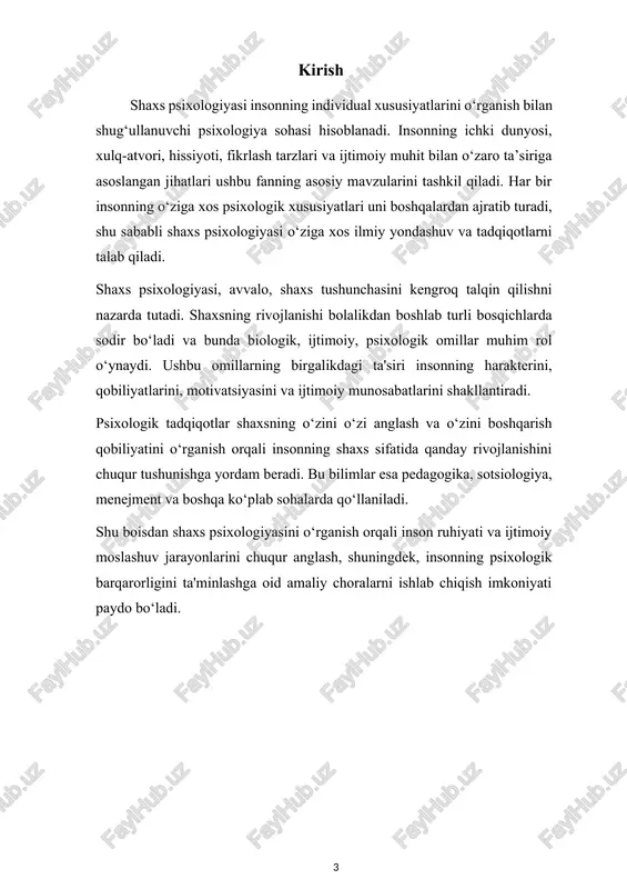 hqa a’zolari shaxsning xulq-atvori va qarashlariga ta’sir ko‘rsatadi. · madaniyat va an’analar – milliy va diniy an’analar shaxsning axloqiy qadriyatlarini, norma va qoidalarini shakllantiradi. shaxsning rivojlanishi butun umr davom etadi va bu jarayonda inson o‘zini anglab borishi, o'z qobiliyatlarini kashf etishi, ijtimoiy muhitda o'z o'rnini topishi bilan bog'liq bo'ladi. 2. shaxsning motivatsion tuzilmasi shaxsning motivatsion tuzilmasi inson faoliyatining ichki harakatlantiruvchi kuchlarini o‘rganadi. bu tushuncha shaxsning ehtiyojlari, intilishlari, maqsadlari, orzulari va ularga erishish uchun qilinadigan harakatlarni o‘z ichiga oladi. motivatsiya — bu shaxsni ma'lum bir harakat yoki faoliyatga undaydigan kuchdir va u insonning xulq-atvori va qaror qabul qilish jarayonlarini boshqaradi. shaxsning motivatsion tuzilmasini tushunish orqali uning ichki kuchlari, qiziqishlari va qadriyatlari haqida to‘liqroq tasavvurga ega bo‘lish mumkin. motivlar va ehtiyojlar: motivatsiyaning asosini ehtiyojlar tashkil etadi. ehtiyojlar insonda muayyan bir narsa yetishmasligi yoki uni qondirish istagi bilan bog‘liq bo‘lib, bu ehtiyojlar motiv sifatida faoliyatga undaydi. masalan, jismoniy ehtiyojlar (ovqat, suv, uyqu) va …