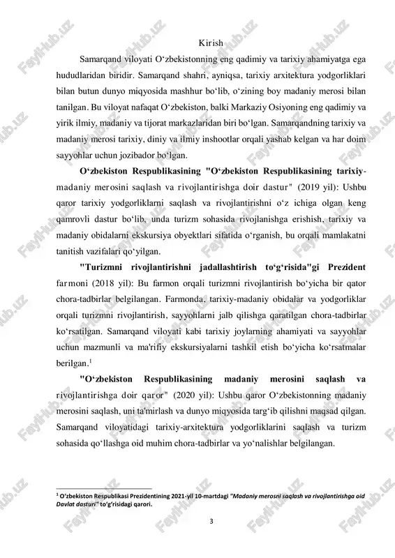 iy rivojlanishini ta'minlashga qaratilgan. samarqandning tarixiy obidalarini saqlash va rivojlantirish, turizmni yanada kengaytirish, sayyohlar uchun yangi imkoniyatlar yaratish kabilar strategiyaning asosiy vazifalaridir. samarqand viloyatining yodgorliklari nafaqat tarixiy jihatdan, balki turizm va madaniyatni targ‘ib qilishda ham muhim rol o‘ynaydi. samarqand shahridagi registon maydoni, bibi-xonim masjidi, shah-i-zinda kabi yodgorliklar butun dunyo bo‘ylab taniqli bo‘lib, ular sayyohlarni o‘ziga jalb qiladi va viloyatning iqtisodiy rivojlanishiga katta hissa qo‘shadi. bundan tashqari, samarqand viloyati yirik tarixiy shaxslar, jumladan amir temur va uning sulolasi tarixidan yoritilgan arxitektura yodgorliklariga boydir. shu bilan birga, samarqand viloyatining tarixiy-arxitektura yodgorliklari ekskursiya obyektlari sifatida juda muhimdir, chunki ular o‘zining noyobligi, tarixiy ahamiyati va jozibadorligi bilan sayyohlar va tadqiqotchilarni o‘ziga jalb etadi. bu mavzu aynan shu nuqtai nazardan dolzarb hisoblanadi. kurs ishining dolzarbligi: samarqand viloyatining tarixiy va arxitektura yodgorliklari nafaqat o‘zbekistonning, balki markaziy osiyo va butun dunyoning madaniy merosining ajralmas qismidir. bu yodgorliklar, ayniqsa, samarqand shahridagi registon maydoni, shah-i-zinda, bibi-xonim masjidi kabi obidalar …