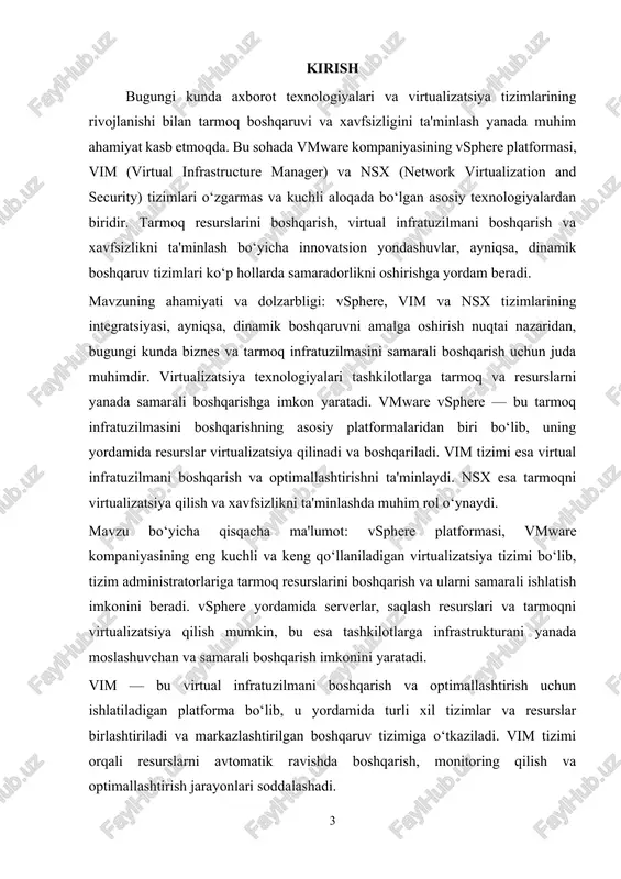 n'iy intellekt va mashinani o‘rganish yordamida tizimlar yanada samaraliroq bo‘ladi. dinamik boshqaruvning kelajakda yanada takomillashishi, resurslarni boshqarish va tarmoq xavfsizligini ta'minlashda katta yordam beradi. shunday qilib, vsphere, vim va nsx tizimlarining integratsiyasi va dinamik boshqaruvni amalga oshirish bugungi kunda tarmoq va virtualizatsiya infratuzilmasini samarali boshqarish uchun eng yaxshi yechimlardan biridir. bu texnologiyalar, ayniqsa, tashkilotlar uchun resurslarni optimallashtirish, xavfsizlikni ta'minlash va tizimni avtomatik boshqarish imkoniyatlarini yaratadi. 1. vsphere va nsx haqida umumiy tushuncha vsphere — bu vmware kompaniyasining virtualizatsiya va bulutli infratuzilmani boshqarish uchun mo‘ljallangan platformasi bo‘lib, o‘z ichiga bir nechta asosiy komponentlarni oladi. u tashkilotlarga virtualizatsiya jarayonlarini amalga oshirish va boshqarishni samarali qilish imkonini beradi. vsphere — bu tizim administratorlariga virtual mashinalarni yaratish, boshqarish, resurslarni taqsimlash va ularni optimallashtirish imkoniyatini beradi. vsphere platformasi quyidagi asosiy komponentlardan iborat: · vmware esxi — bu xost serverining virtualizatsiya qatlami bo‘lib, uning yordamida fizik resurslar virtual mashinalar (vm) uchun ajratiladi. esxi — bu tarmoqni, …
