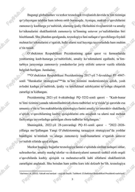 arayonida nafaqat darsdagi faoliyat, balki sinfdan va maktabdan tashqari ishlarni ham to‘g‘ri tashkil etish zarur. xususan, o‘quvchilarning dunyoqarashi, kasbga bo‘lgan qiziqishi va mustaqil fikrlash salohiyatini oshirishda turli uchrashuvlar, to‘garaklar, amaliy mashg‘ulotlar, ko‘rgazmalar, ekskursiyalar katta ahamiyat kasb etadi.[footnoteref:2] [2: mirziyoyev sh.m. (2020). kelajakka qadamlar: ta’lim tizimini yangilash va rivojlantirishga oid fikrlar. tashkent: o‘zbekiston respublikasi prezidenti nashriyoti. ] mazkur kurs ishida texnologiya fanidan 5–9-sinflar uchun o‘quvchilar bilan turli uchrashuvlar, to‘garaklar va maktabdan tashqari tadbirlarni tashkil etishning maqsadi, vazifalari, shakllari va metodlari keng yoritiladi. bu tadbirlar orqali o‘quvchilarda kasb tanlashga oid dastlabki tushunchalarni shakllantirish, ularda mehnatsevarlik, ijodkorlik, innovatsion fikrlash kabi sifatlarni rivojlantirish ko‘zda tutiladi. kurs ishining dolzarbligi: bugungi kunda taʼlim tizimida o‘quvchilarning nafaqat nazariy bilimga, balki amaliy ko‘nikma va kasbiy yo‘naltirishga ega bo‘lishi dolzarb masalalardan biri hisoblanadi. texnologiya fani aynan shu maqsadga xizmat qilib, o‘quvchilarni mehnat faoliyatiga, kasb tanlashga tayyorlash, ijodiy va innovatsion fikrlash qobiliyatini rivojlantirish imkonini beradi. ammo bu fan doirasidagi o‘quv …