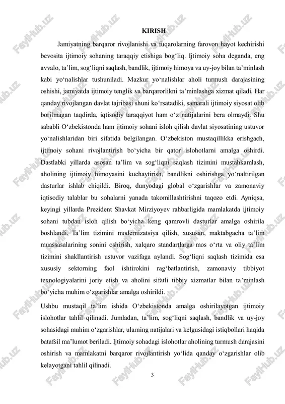 archa bosqichlarida muhim o‘zgarishlar kuzatilmoqda.1 maktabgacha ta’lim tizimini rivojlantirish va uning qamrov darajasini oshirish: maktabgacha ta’lim bola shaxsining shakllanishida asosiy bosqich hisoblanib, uning kelajakdagi o‘quv jarayoniga tayyorlanishiga bevosita ta’sir ko‘rsatadi. o‘zbekistonda ushbu tizimni rivojlantirish maqsadida quyidagi islohotlar amalga oshirilmoqda:  maktabgacha ta’lim muassasalarining qamrov darajasini oshirish maqsadida davlat-xususiy sheriklik asosida yangi bog‘chalar ochilmoqda.  xususiy bog‘chalar faoliyatini qo‘llab-quvvatlash uchun imtiyozlar joriy etildi.  ilg‘or pedagogik texnologiyalar asosida ta’lim berish tizimi yo‘lga qo‘yilmoqda.  bolalar uchun sifatli o‘quv dasturlari ishlab chiqilib, zamonaviy metodika asosida ta’lim berish kuchaytirildi. maktabgacha ta’lim muassasalarining soni ko‘paygani va sifat oshgani natijasida bolalarning intellektual va jismoniy rivojlanish darajasi yaxshilanib, ularning maktabga tayyorligi oshmoqda. 1 o‘zbekiston respublikasi konstitutsiyasi. – toshkent: o‘zbekiston, 2023. 5 umumiy o‘rta ta’limda sifatni oshirish va zamonaviy metodlarni joriy etish: o‘zbekistonda umumiy o‘rta ta’lim tizimi bo‘yicha islohotlar quyidagi yo‘nalishlarda amalga oshirilmoqda:  o‘quv dasturlari yangilanib, zamonaviy ta’lim usullari va innovatsion texnologiyalar joriy etilmoqda.  fanlarni …