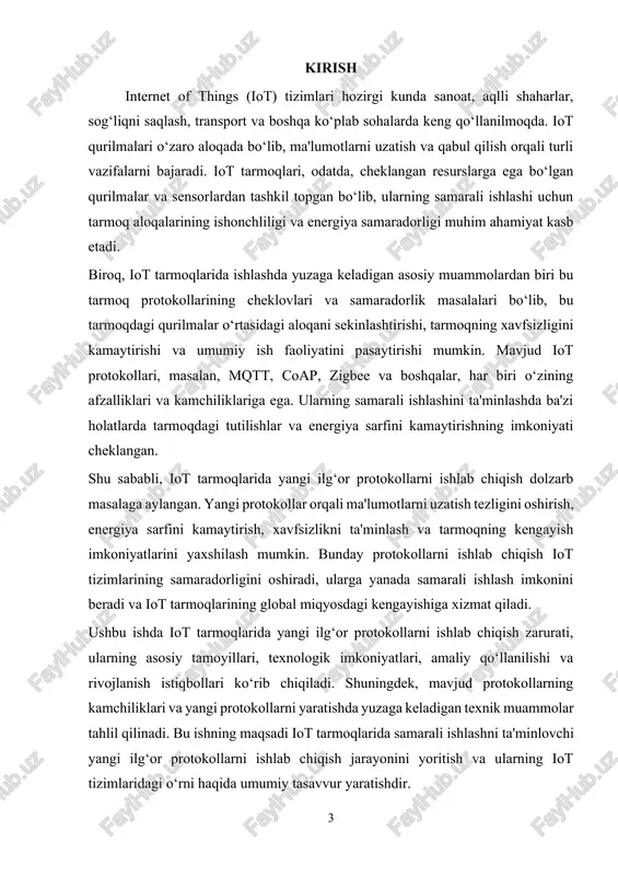 umotlar uzatish tezligi va ishonchliligi: yangi protokollar ma'lumotlarni yuqori tezlikda va ishonchli ravishda uzatishni ta'minlashi kerak. bu, ayniqsa, real vaqtda ishlaydigan iot tizimlarida muhim hisoblanadi. yangi ilg‘or protokollarni ishlab chiqish metodologiyalari: ilg‘or iot protokollarini ishlab chiqishda quyidagi metodologiyalar qo‘llaniladi: · modul yondashuvi: bu yondashuvda, protokollarni kichik, mustaqil qismlarga ajratish va ularni o‘zaro integratsiya qilish orqali samaradorlikni oshirish mumkin. modul yondashuvi iot qurilmalarini turli tarmoqlarda ishlashiga imkon beradi, bu esa tizimning moslashuvchanligini oshiradi. · adaptive protokollar: iot tizimlarida protokollarni adaptiv qilish orqali tarmoq holatiga qarab uzatish tezligini va energiya sarfini optimallashtirish mumkin. bu protokollar tarmoqning o‘zgaruvchan sharoitlariga moslashadi va eng yaxshi ishlash parametrlarini ta'minlaydi. · ma'lumotlarni siqish va optimallashtirish: iot tizimlarida ma'lumotlar hajmi katta bo‘lishi mumkin, shuning uchun ma'lumotlarni siqish va uzatish samaradorligini oshirish uchun ilg‘or protokollarni ishlab chiqishda ma'lumotlarni optimallashtirish usullari qo‘llaniladi. · haqiqiy vaqt rejimida ishlash: iot tizimlarining ko‘pchiligi real vaqtda ishlaydi, shuning uchun yangi protokollar real vaqt rejimida …