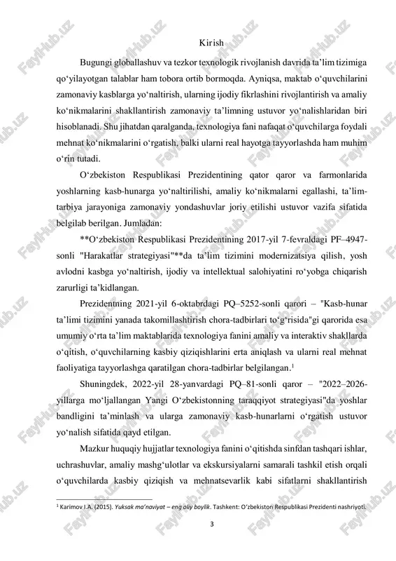 afaqat darsdagi faoliyat, balki sinfdan va maktabdan tashqari ishlarni ham to‘g‘ri tashkil etish zarur. xususan, o‘quvchilarning dunyoqarashi, kasbga bo‘lgan qiziqishi va mustaqil fikrlash salohiyatini oshirishda turli uchrashuvlar, to‘garaklar, amaliy mashg‘ulotlar, ko‘rgazmalar, ekskursiyalar katta ahamiyat kasb etadi.2 mazkur kurs ishida texnologiya fanidan 5–9-sinflar uchun o‘quvchilar bilan turli uchrashuvlar, to‘garaklar va maktabdan tashqari tadbirlarni tashkil etishning maqsadi, vazifalari, shakllari va metodlari keng yoritiladi. bu tadbirlar orqali o‘quvchilarda kasb tanlashga oid dastlabki tushunchalarni shakllantirish, ularda mehnatsevarlik, ijodkorlik, innovatsion fikrlash kabi sifatlarni rivojlantirish ko‘zda tutiladi. kurs ishining dolzarbligi: bugungi kunda taʼlim tizimida o‘quvchilarning nafaqat nazariy bilimga, balki amaliy ko‘nikma va kasbiy yo‘naltirishga ega bo‘lishi dolzarb masalalardan biri hisoblanadi. texnologiya fani aynan shu maqsadga xizmat qilib, o‘quvchilarni mehnat faoliyatiga, kasb tanlashga tayyorlash, ijodiy va innovatsion fikrlash qobiliyatini rivojlantirish imkonini beradi. ammo bu fan doirasidagi o‘quv jarayoni faqat darslar bilan cheklanib qolmasligi kerak. sinfdan va maktabdan tashqari faoliyat, ayniqsa, mutaxassislar bilan uchrashuvlar, to‘garaklar, ko‘rgazmalar va ekskursiyalar …