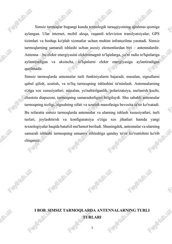datda, uzatish quvvati yuqori bo‘ladi. · yassi nurlanish bilan xususiyatlanadi. · soddaligi va ko'plab qo'llanilishi bilan tanilgan. parabolik antennalar parabolik antennalar, shuningdek, "yassi parabolik" yoki "parabolik reflektor" deb ataladi, yuqori chastotali simsiz tarmoqlarda ishlatiladigan yo'naltirilgan antennalardir. ular parabolik shakldagi reflektordan foydalanib, elektromagnit to‘lqinlarini bir nuqtaga jamlaydi, shuning uchun ular yuqori samaradorlik va uzoq masofada signal uzatishni ta'minlaydi. · xususiyatlari: · yuqori nurlanish samaradorligi. · uzoq masofalarda signal uzatish va qabul qilish. · asosan uyali aloqa va kosmik aloqa tizimlarida ishlatiladi. patch antennasi patch antennasi – bu kichik va kompaktdir, odatda platalar shaklida ishlab chiqariladi. bu antenna turli turdagi qurilmalarda qo‘llaniladi, masalan, mobil telefonlar, wi-fi routerlar, gps qurilmalari va boshqalar. patch antennalari o'zining kichik o‘lchami va yuqori samaradorligi bilan ajralib turadi. · xususiyatlari: · kompakt va oson o‘rnatish. · ko‘pincha to‘g‘ri yoki kvadrat shaklda bo‘ladi. · yo‘naltirilgan nurlanish bilan ishlaydi. yassi (planar) antennalar yassi antennalar – bu o'ziga xos dizaynga ega …