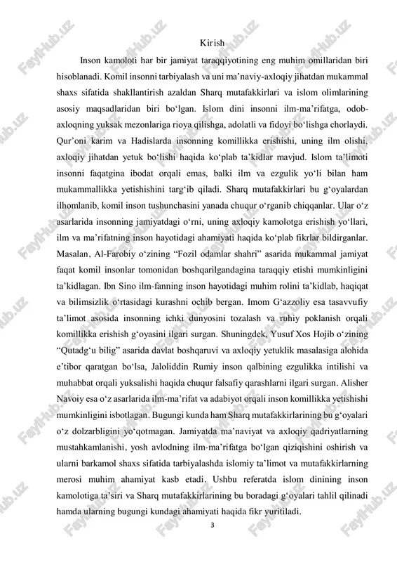 ni ko‘p bora ta’kidlab, “ilm izlash har bir musulmon erkak va ayolga farzdir” deganlar. ilm nafaqat diniy bilimlarni, balki dunyoviy fanlarni ham o‘z ichiga oladi. islom ta’limotida ilmning ijtimoiy taraqqiyot va inson ma’naviyatidagi o‘rni muhim ekani ko‘rsatilgan bo‘lib, u insonni johillikdan qutqarib, komillik sari yo‘naltiradi. islom axloqiy yetuklik va komil inson tushunchasi. islom dini insonning nafaqat ilmli, balki axloqan pok bo‘lishiga ham katta e’tibor qaratadi. qur’onda insonning axloqiy yetukligi bilan bog‘liq ko‘plab oyatlar bor bo‘lib, ularda halollik, adolat, rahm-shafqat, rostgo‘ylik, sabr-toqat kabi fazilatlar ulug‘lanadi. payg‘ambarimiz (s.a.v) ham “men ezgu axloqni mukammal qilish uchun yuborildim” deganlar. islomiy ta’limotga ko‘ra, komil inson quyidagi asosiy fazilatlarga ega bo‘lishi lozim:  ilmli bo‘lish – ilm insonni to‘g‘ri yo‘lga boshlaydi va tafakkur qilishga undaydi.  halollik va adolat – har qanday vaziyatda adolatli bo‘lish va halol yo‘l bilan hayot kechirish muhim sanaladi. 5  sabr-toqat va shukronalik – hayotning sinovlariga bardoshli bo‘lish va allohning bergan …
