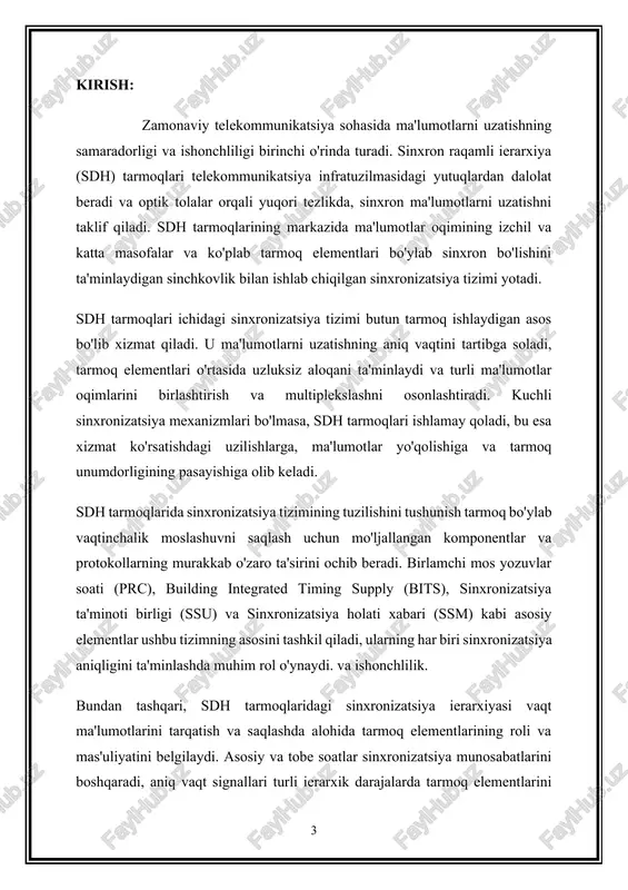 tayanadigan asosiy ustun sifatida paydo bo'ladi. sinxron raqamli ierarxiya (sdh) doirasida sinxronizatsiya muhim rol o'ynaydi, ma'lumotlarni uzatishning uzluksiz orkestratsiyasini asoslaydi va tarmoq elementlarining uyg'un ishlashini ta'minlaydi. sdh tarmoqlarida sinxronizatsiya muhim ahamiyatga ega bo'lishining asosiy sabablari: 1. aniq vaqt : sdh tarmoqlari bir nechta tarmoq elementlari bo'ylab ma'lumotlarni uzatish va qabul qilishni muvofiqlashtirish uchun aniq vaqtni sinxronlashtirishga tayanadi. sinxronizatsiya ma'lumotlar signallarining o'z manzillariga beg'ubor vaqtinchalik moslashuv bilan yetib borishini ta'minlaydi, uzatish kechikishlarini minimallashtiradi va tarmoq ish faoliyatini optimallashtiradi. 2. multiplekslash va agregatsiya : sdh tarmoqlari bir nechta ma'lumotlar oqimini yuqori tezlikdagi uzatish havolalariga birlashtirish uchun murakkab multiplekslash usullaridan foydalanadi. sinxronizatsiya turli xil ma'lumotlar oqimlarini sinxronlashtirish, ularning vaqt ko'rsatkichlarini moslashtirish va tarmoq bo'ylab uzluksiz yig'ish va demultiplekslash jarayonlarini osonlashtirish uchun zarurdir. 3. tarmoqning mustahkamligi va ortiqchaligi : sinxronizatsiya tarmoq uzilishlari yoki komponentlarning ishdan chiqishi holatlarida uzluksiz uzilish mexanizmlarini yoqish orqali sdh tarmoqlarining chidamliligi va ortiqchaligini oshiradi. ortiqcha tarmoq elementlari bo'ylab sinxronlashtirilgan vaqt …