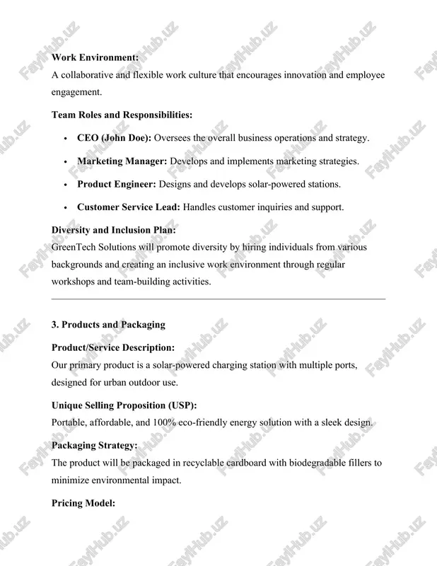 marketing: $2,000 · salaries: $10,000 · revenue model: · product sales through online and offline channels. · break-even analysis: · estimated to break even within 12 months with 500 units sold. · profit goals: · aim to achieve a net profit of $20,000 in the first year. 8. sustainability plan · eco-friendly practices: · use of solar panels and recyclable materials in production. · energy-efficient operations in the workshop. · social responsibility: · partner with local ngos to donate 5% of profits to environmental conservation projects. 9. appendix · advertisement: include a video or image of the advertisement created for your business. · additional documents: attach graphs showing projected sales, customer surveys, and product design sketches. business startup project template kimyo international univesrity final project work student`s full name faculty and group number startup name : greentech solutions type of startup : small business tashkent 2025 /docprops/thumbnail.emf business startup project …