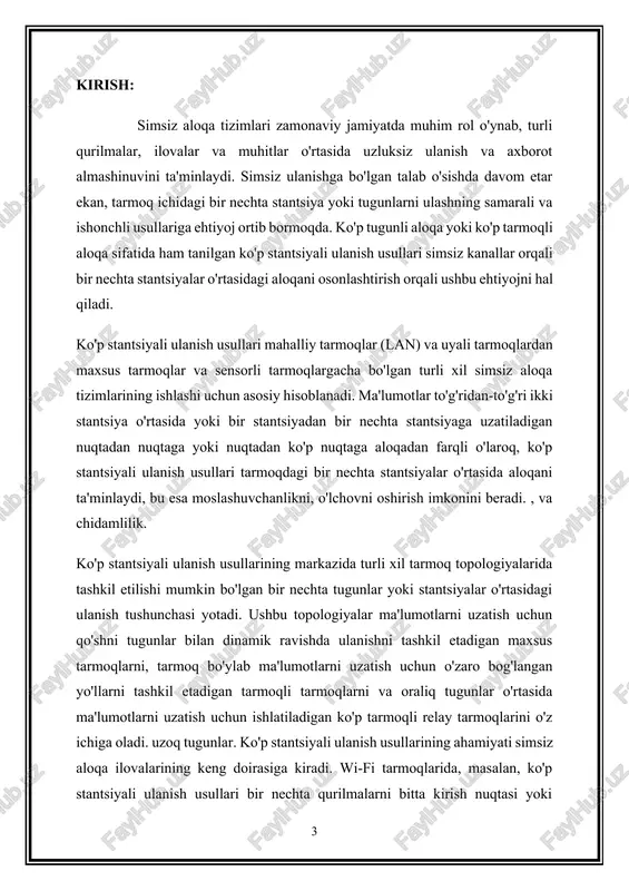 adi. bundan tashqari, maqola simsiz aloqa tizimlarining ushbu muhim jihatini yoritishga qaratilgan ko'p stantsiyali ulanish usullari sohasidagi samaradorlikni baholash metodologiyasi, muammolari va kelajakdagi yo'nalishlarini ko'rib chiqadi. 1. simsiz aloqa tizimlarining ahamiyati va dolzarbligi simsiz aloqa tizimlarining ahamiyati va dolzarbligi: simsiz aloqa tizimlari zamonaviy jamiyatning ajralmas tarkibiy qismiga aylanib, turli sohalarda ulanish, hamkorlik va axborot almashinuvini ta'minlashda hal qiluvchi rol o'ynaydi. simsiz aloqa tizimlarining ahamiyati va dolzarbligini turli jihatlar orqali kuzatish mumkin: hamma joyda ulanish : simsiz aloqa tizimlari jismoniy shaxslarga, korxonalarga va jamoalarga istalgan vaqtda va istalgan joyda ulanish imkonini beruvchi hamma joyda ulanish imkonini beradi. mobil telefonlar, noutbuklar yoki iot qurilmalari orqali simsiz tarmoqlar uzluksiz aloqa, ma'lumotlarga kirish va raqamli xizmatlar bilan shug'ullanish imkonini beradi, ijtimoiy o'zaro ta'sir, samaradorlik va iqtisodiy o'sishni rag'batlantiradi. kengaytirilgan mobillik : simsiz aloqa tizimlari foydalanuvchilarga harakatlanish imkoniyatini beradi, bu ularga harakat paytida muloqot qilish va ma'lumotlarga kirish imkonini beradi. mobil tarmoqlar, wi-fi ulanish nuqtalari …