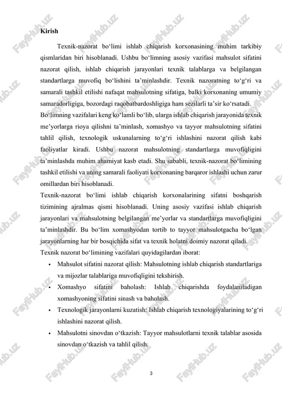 hlash rejimlariga qat’iy rioya qilishini ta’minlaydi, bu esa ishlab chiqarishdagi noxush hodisalarni kamaytiradi. texnik nazorat bo‘limining to‘g‘ri faoliyat yuritishi natijasida korxona samaradorligini oshirish, mahsulot sifatini yaxshilash va mijozlar talabini qondirishga erishiladi. 1. texnik-nazorat bo‘limining tuzilmasi texnik-nazorat bo‘limining tuzilmasi ishlab chiqarish korxonasining turiga, miqyosiga va mahsulot turlariga qarab farqlanishi mumkin. umuman olganda, bu bo‘lim bir nechta kichik bo‘linmalar yoki guruhlardan iborat bo‘lib, har biri muayyan nazorat vazifalarini bajarishga ixtisoslashgan. bo‘limning tuzilmasi samarali nazoratni ta’minlash uchun bosqichma-bosqich tashkil etilgan bo‘lishi kerak. texnik-nazorat bo‘limining asosiy tarkibiy qismlari quyidagilardan iborat bo‘lishi mumkin: xomashyo nazorati bo‘limi: xomashyo nazorati bo‘limi ishlab chiqarish jarayonida foydalaniladigan barcha xomashyo va materiallarning sifatini tekshiradi. ushbu bo‘limning asosiy vazifasi xomashyoning belgilangan standartlar va texnik talablar asosida yetarli ekanligini ta’minlashdir. shuningdek, u xomashyo va materiallar sifatini sinovdan o‘tkazadi va ularning mahsulotga mosligini aniqlaydi. texnologik jarayon nazorati bo‘limi: ushbu bo‘lim ishlab chiqarish jarayonining texnologik rejalar va me’yorlarga muvofiq bo‘lishini nazorat qiladi. asosiy vazifasi …