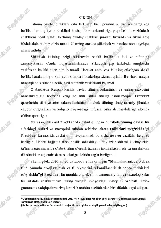 rakat nomining xususiyatlari, yasalish usullari va sintaktik vazifalari o‘rganiladi. mavzu bo‘yicha ilmiy manbalar tahlil qilinib, sifatdosh va harakat nomining nutqdagi ahamiyati ko‘rsatiladi. ishning asosiy maqsadi – fe’lning vazifadosh shakllarining grammatik va semantik xususiyatlarini aniqlash hamda ularning o‘zbek tilidagi o‘rnini ochib berishdan iborat.2 ushbu tadqiqot natijalari fe’l shakllarining nutqiy funksiyalarini tushunishda va o‘zbek tili grammatikasi bo‘yicha chuqurroq bilim olishda foydali bo‘lishi kutiladi. kurs ishining dolzarbligi: fe’lning vazifadosh shakllari, ayniqsa sifatdosh va harakat nomi, o‘zbek tilining grammatik tizimida muhim o‘rin tutadi. ushbu shakllar gap tarkibida turli sintaktik vazifalarni bajarib, nutqning mantiqiy va grammatik jihatdan aniqligini ta’minlaydi. bugungi kunda tilshunoslikda so‘z turkumlarining bir-biri bilan bog‘liqligi va ularning vazifadosh shakllari alohida tadqiq qilinmoqda. fe’lning sifatdosh va harakat nomi shakllari tilning rivojlanish jarayonida o‘ziga xos grammatik jihatlarini saqlab qolgan bo‘lib, ularning tahlili tilshunoslik fanining dolzarb masalalaridan biri hisoblanadi. shuningdek, sifatdosh va harakat nomining xususiyatlarini o‘rganish ona tilini o‘rganuvchilar uchun ham ahamiyatlidir. ular orqali gap tuzilishi, …