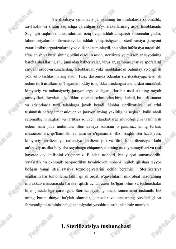 erilizatsiya sog'liqni saqlash, farmatsevtika, oziq-ovqat ishlab chiqarish, laboratoriya tadqiqotlari va ishlab chiqarish sanoati kabi ko'plab sohalarda qo'llaniladi. masalan, sog'liqni saqlash muassasalarida bemorlar va tibbiyot xodimlari o'rtasida patogenlarning tarqalishini oldini olish uchun tibbiy asboblar, jihozlar va sirtlarni sterilizatsiya qilish muhim ahamiyatga ega. sterilizatsiyaga erishish uchun har xil usullar qo'llaniladi, ularning har biri o'z mexanizmlari, afzalliklari va cheklovlariga ega. avtoklavlash va quruq issiqlik sterilizatsiyasi kabi issiqlikka asoslangan usullar oqsillarni denatüratsiya qilish va mikrobial tuzilmalarni buzish uchun yuqori haroratga tayanadi. kimyoviy sterilizatsiya etilen oksidi va glutaraldegid kabi mikroorganizmlarni o'ldirish yoki o'sishini inhibe qilish uchun sterilizatsiya qiluvchi vositalardan foydalanishni o'z ichiga oladi. radiatsiyaga asoslangan usullar, shu jumladan gamma nurlanishi va ultrabinafsha (uv) sterilizatsiyasi, mikrob dnksiga zarar etkazish uchun ionlashtiruvchi yoki ionlashtiruvchi nurlanishdan foydalanadi va ularni replikatsiya qila olmaydi. sterilizatsiya oddiy dezinfeksiya yoki sanitariyadan puxtaligi va samaradorligi bilan farq qiladi. dezinfektsiya mikroorganizmlar sonini inson salomatligi uchun xavfsiz deb hisoblangan darajaga kamaytirishga qaratilgan bo'lsa-da, sterilizatsiya barcha …
