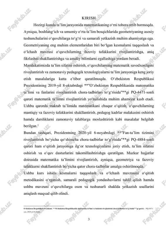 sh mavzusini o‘qitish metodikasini tahlil qilish, samarali o‘qitish usullarini o‘rganish hamda dars jarayonida qo‘llaniladigan ilg‘or pedagogik texnologiyalarni aniqlash maqsad qilib olindi. kurs ishining dolzarbligi: zamonaviy ta’lim jarayonida matematika fanining o‘rni katta bo‘lib, ayniqsa, fazoviy tafakkurni rivojlantirish va aniq fikrlash ko‘nikmalarini shakllantirish muhim ahamiyat kasb etadi. geometriyaning asosiy tushunchalaridan biri bo‘lgan kesmalarni taqqoslash va o‘lchash mavzusi o‘quvchilarga matematik tushunchalarni vizual va amaliy tarzda anglash imkonini beradi. bu mavzu nafaqat nazariy bilimlarni o‘z ichiga oladi, balki amaliy mashg‘ulotlar orqali o‘quvchilarning mustaqil fikrlash qobiliyatini rivojlantirishga ham xizmat qiladi. shu sababli, kesmalarni taqqoslash va o‘lchash mavzusini o‘qitish metodikasini chuqur o‘rganish va samarali ta’lim berish usullarini aniqlash dolzarb masala hisoblanadi. kurs ishining maqsadi: ushbu kurs ishining asosiy maqsadi — kesmalarni taqqoslash va o‘lchash mavzusini o‘qitish metodikasini ilmiy-metodik asosda o‘rganish va samarali ta’lim usullarini aniqlashdan iborat. shuningdek, o‘quvchilarga mavzuni o‘zlashtirishda yordam beradigan ilg‘or pedagogik texnologiyalarni tahlil qilish va amaliy tavsiyalar ishlab chiqish ham ushbu ishning muhim …